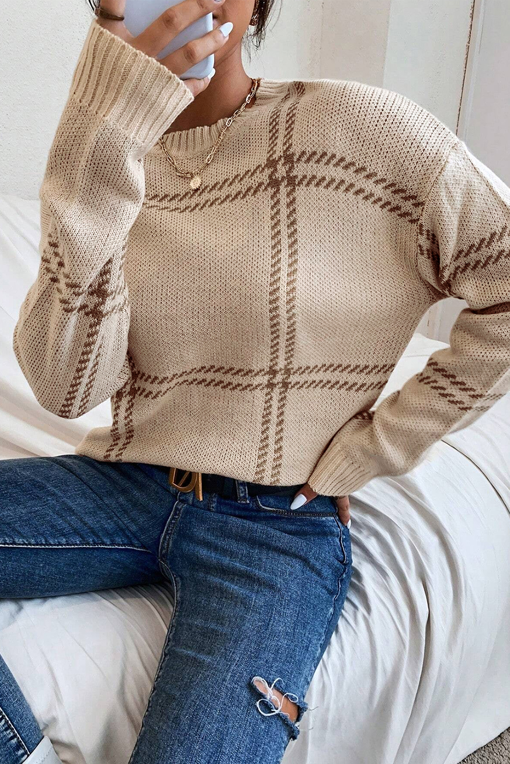 Khaki Plaid Pattern Knitted Drop Shoulder Sweater - loveforevers