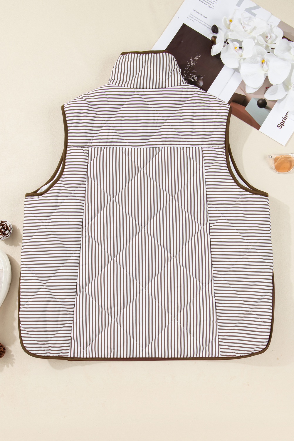 Black Stripe Contrast Trim Snap Button Collared Winter Vest - loveforevers