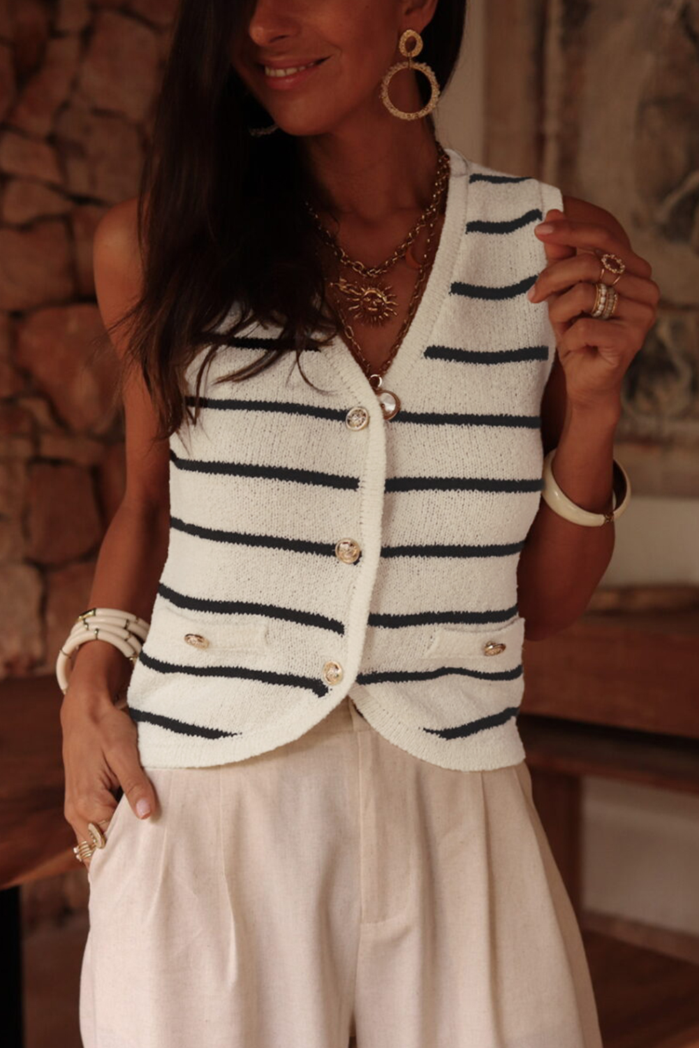 Black Stripe Buttoned V Neck Slim Fit Sweater Vest - loveforevers