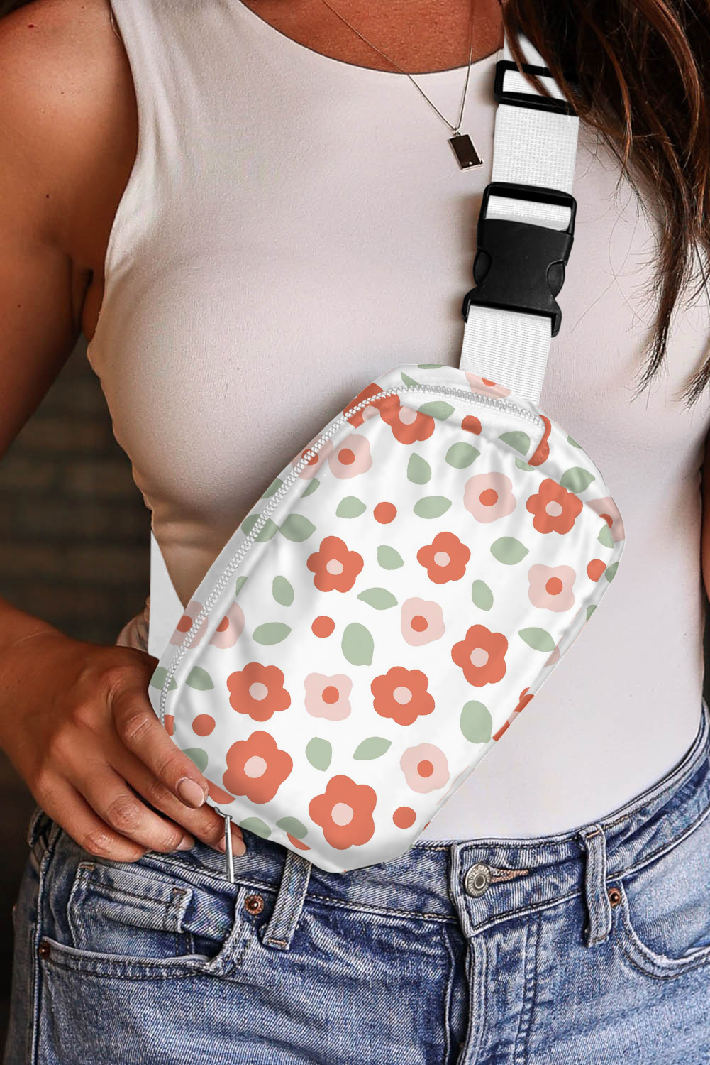 White Floral Print Buckle Wide Belt Zipper Crossbody Bag - loveforevers