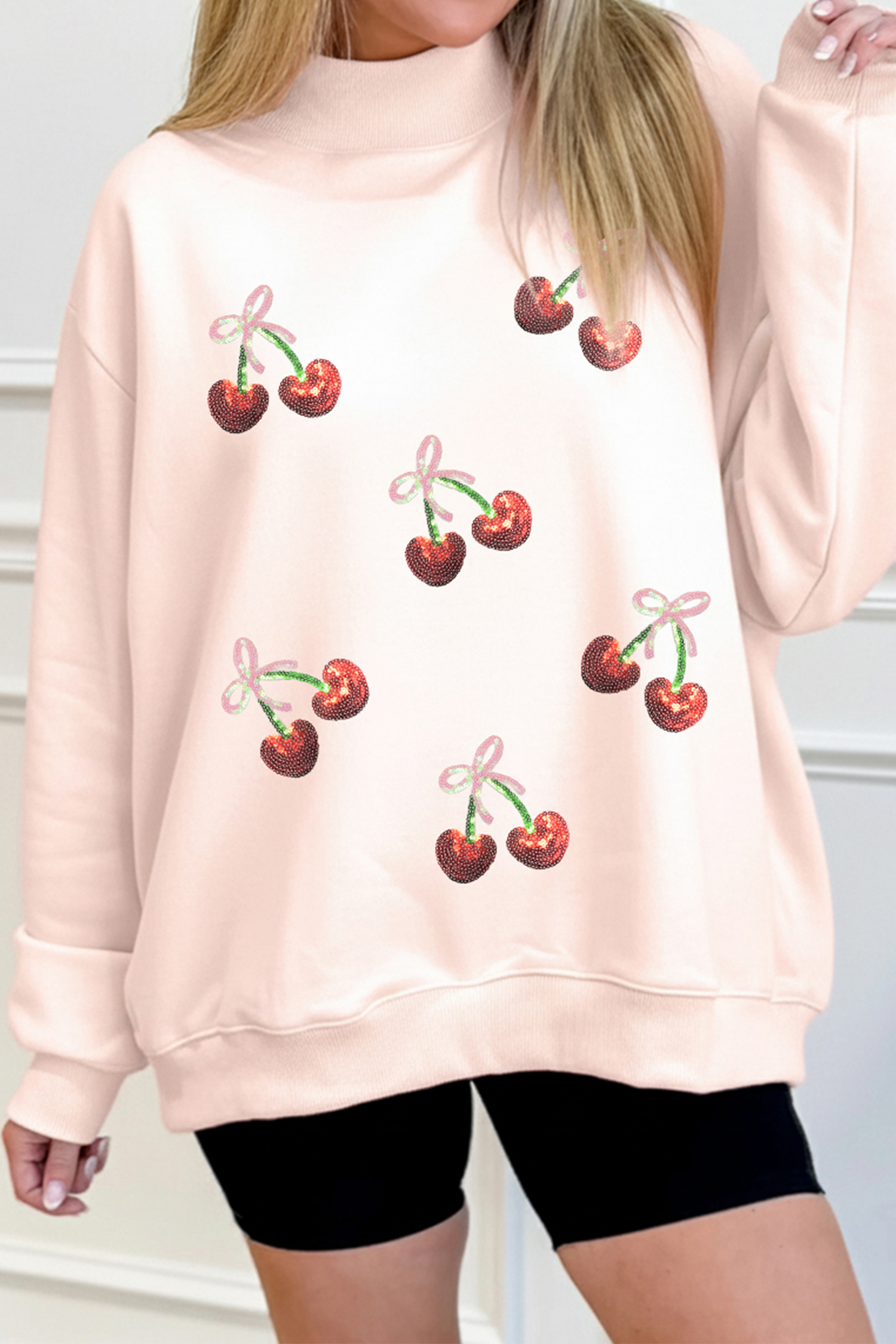 Apricot Pink Cowgirl Element Embroidered Detail Mock Neck Sweatshirt - loveforevers
