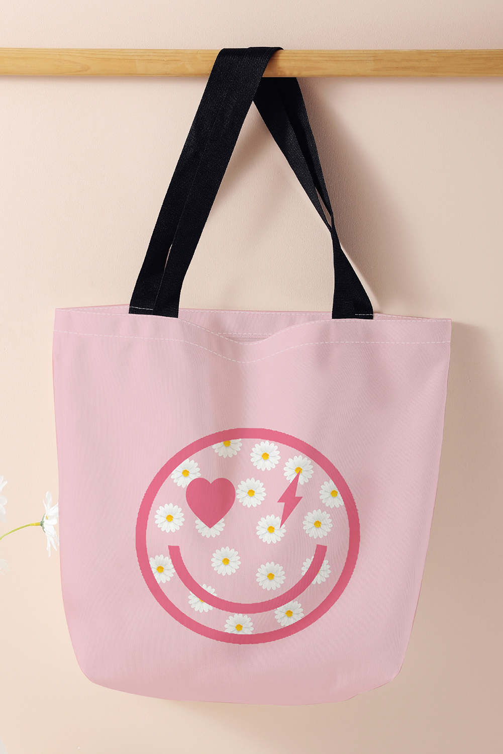 Pink Smiley Face Daisy Print Canvas Large Capacity Tote Bag - loveforevers