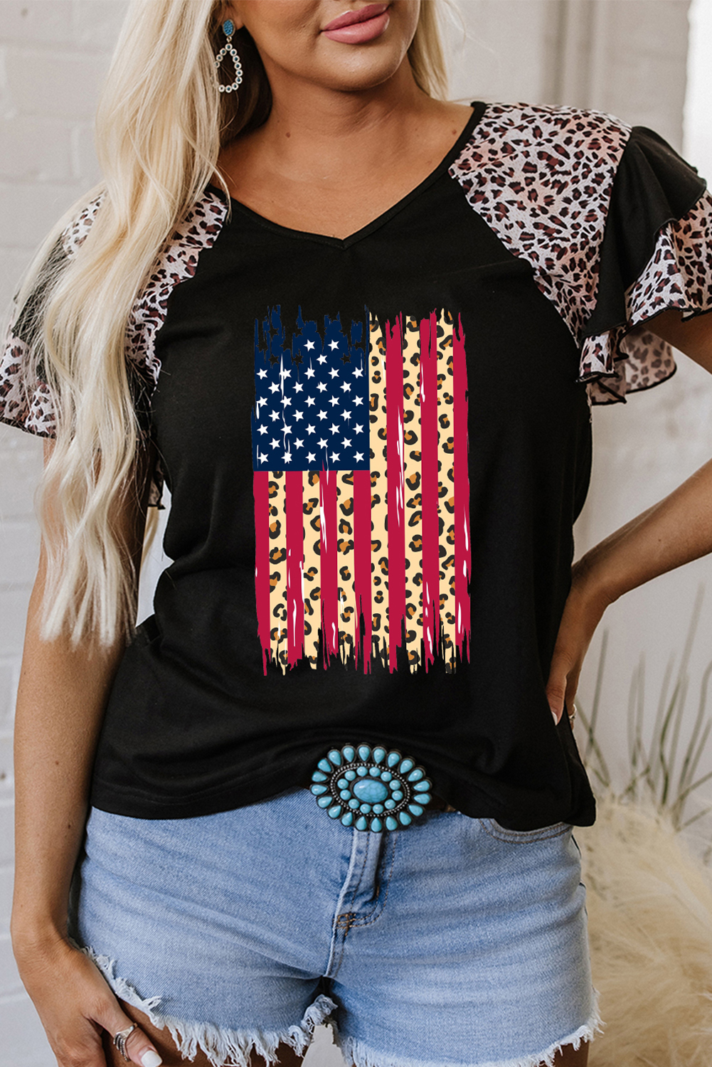 Black Leopard Patchwork Frayed USA Flag Print Ruffle Short Sleeve V Neck Tee - loveforevers