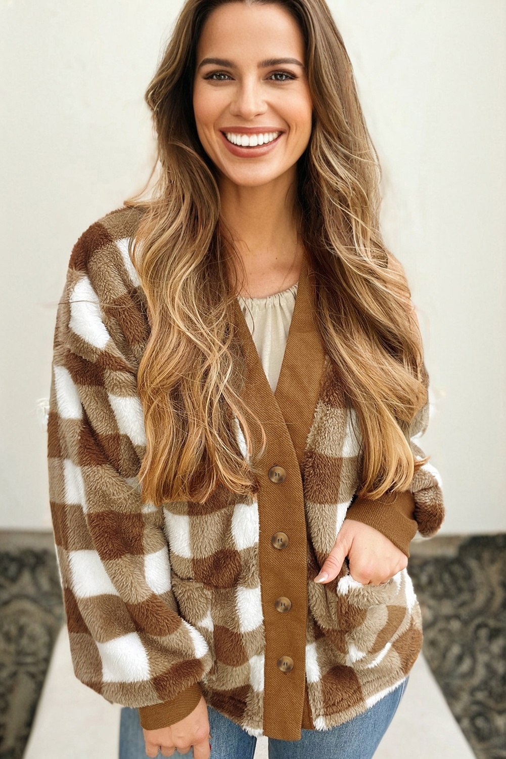 Brown Checkered Sherpa Loose Knit Cardigan with Pockets - loveforevers