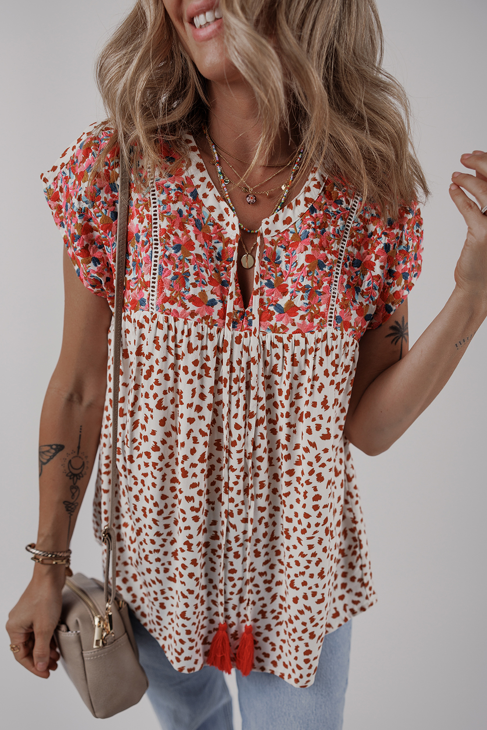 Red Printed Embroidery Detail Tie Split Neck Blouse - loveforevers