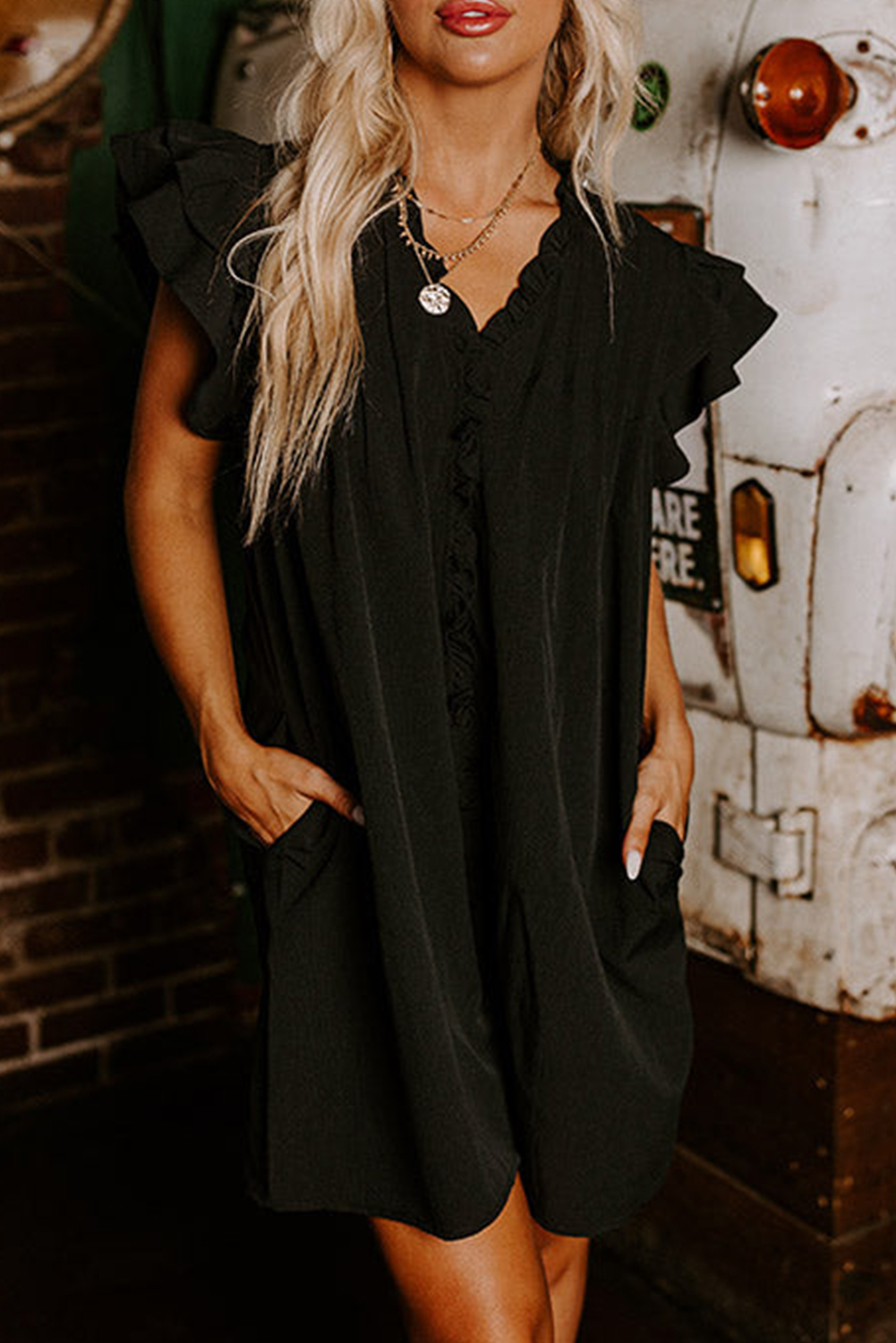 Black Frilled V Neck Pleated Ruffle Detail Short Shift Dress - loveforevers