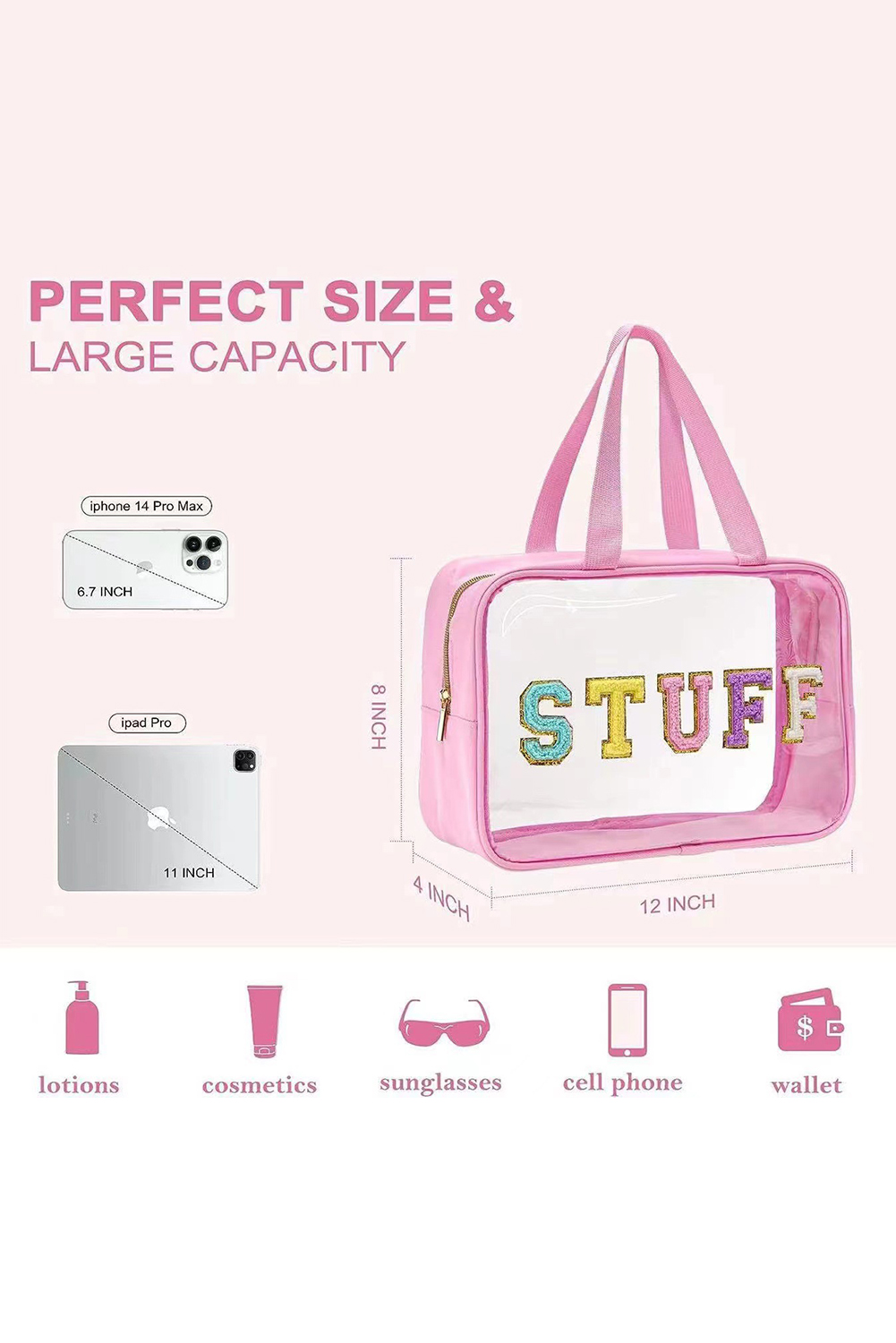 Light Pink TRAVEL Chenille Letter Clear PVC Makeup Bag - loveforevers