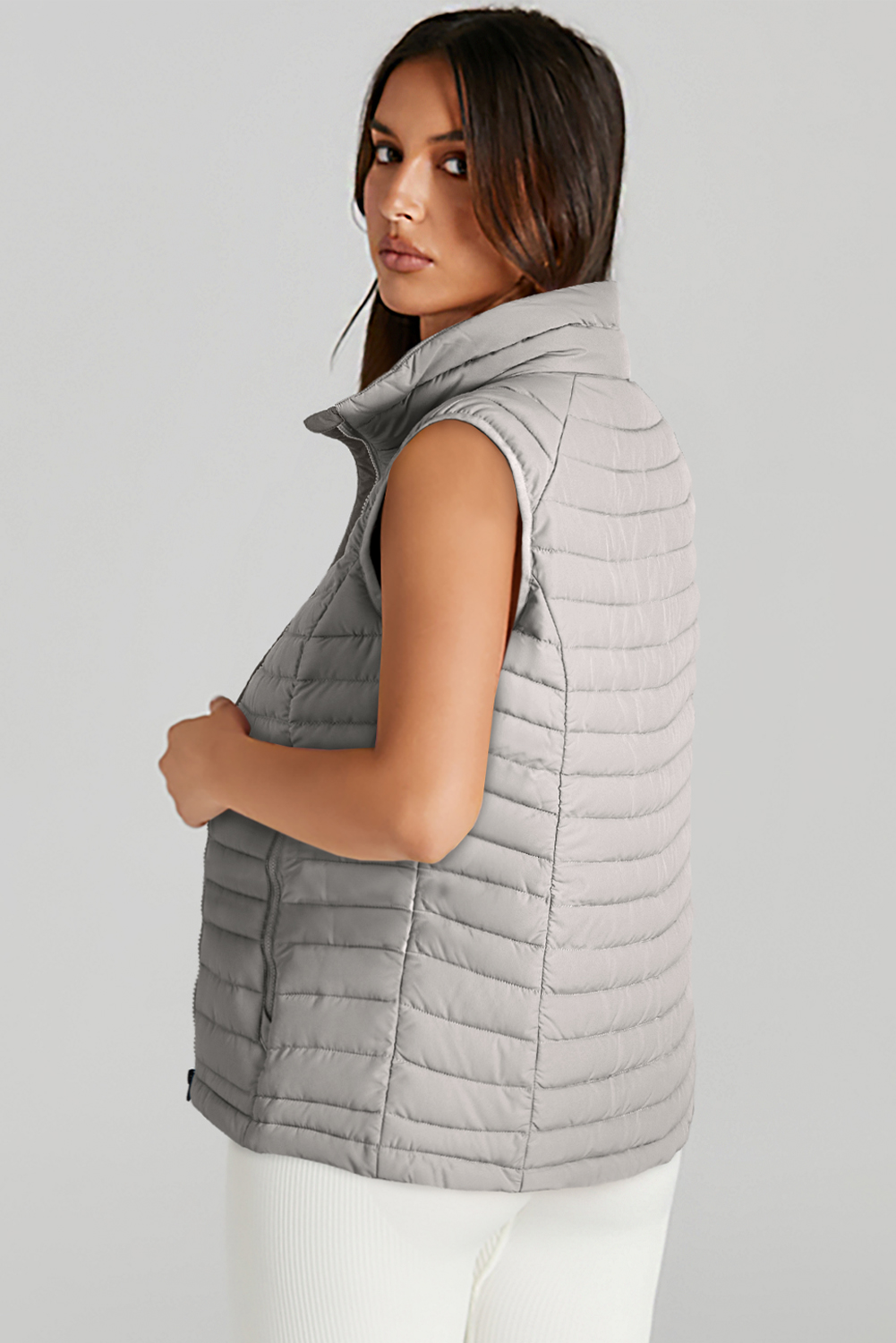 Silvery Plush Collared Quilted Zipped Puffer Vest - loveforevers