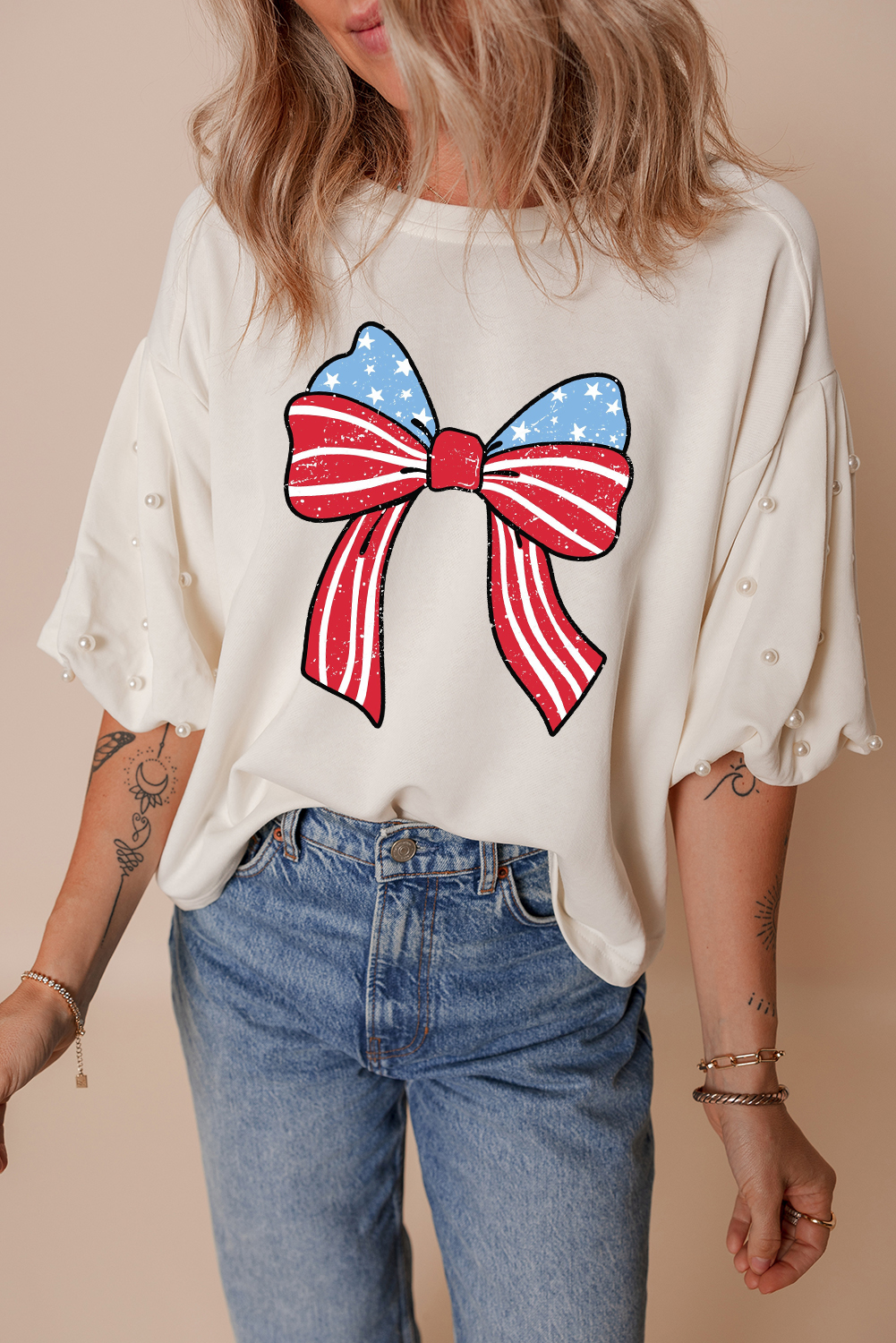 White Stars Stripes Bowknot Graphic Pearled Puff Half Sleeve T Shirt - loveforevers