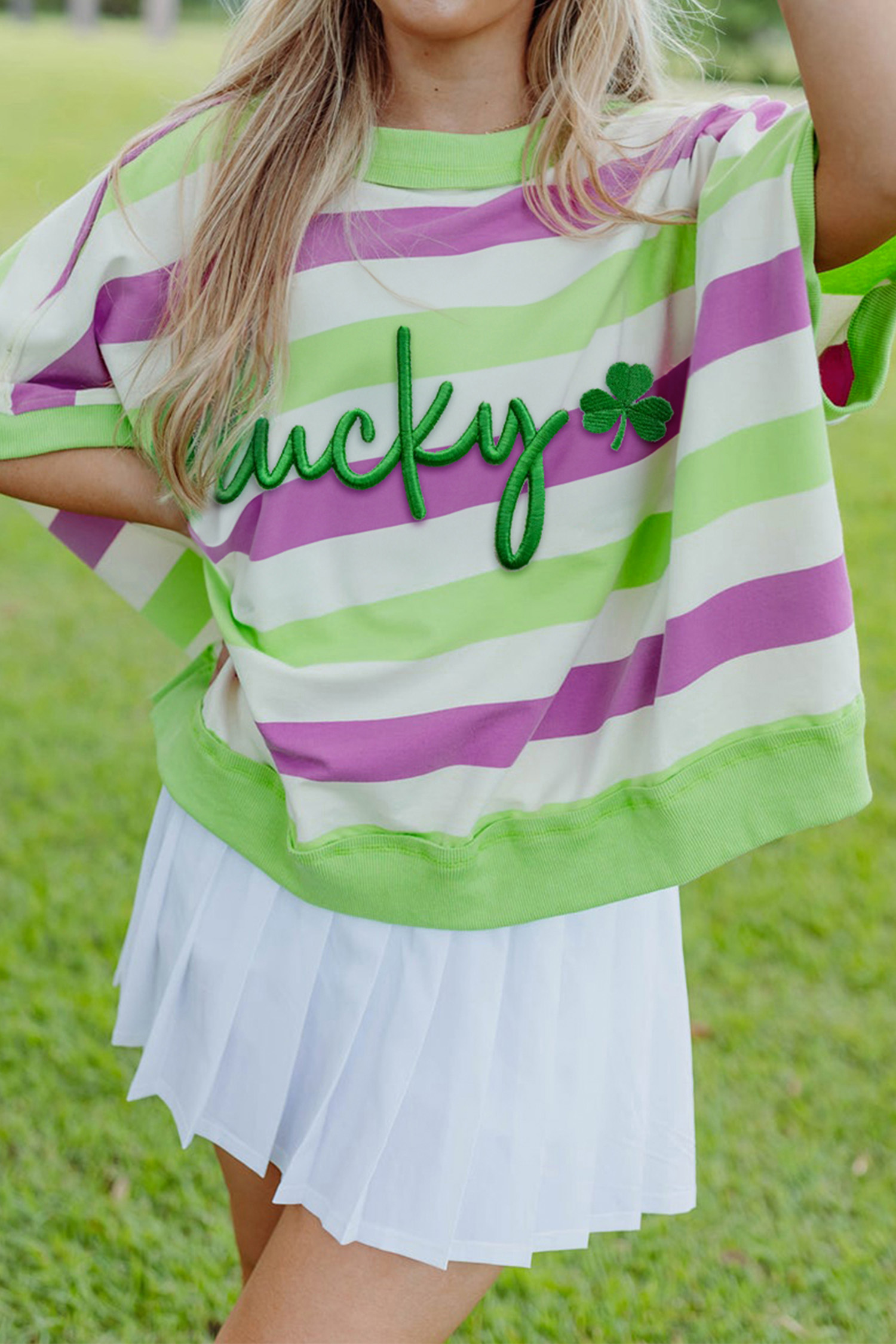 Green Stripe Lucky Clover Embroidered Graphic Dolman Loose Tee - loveforevers