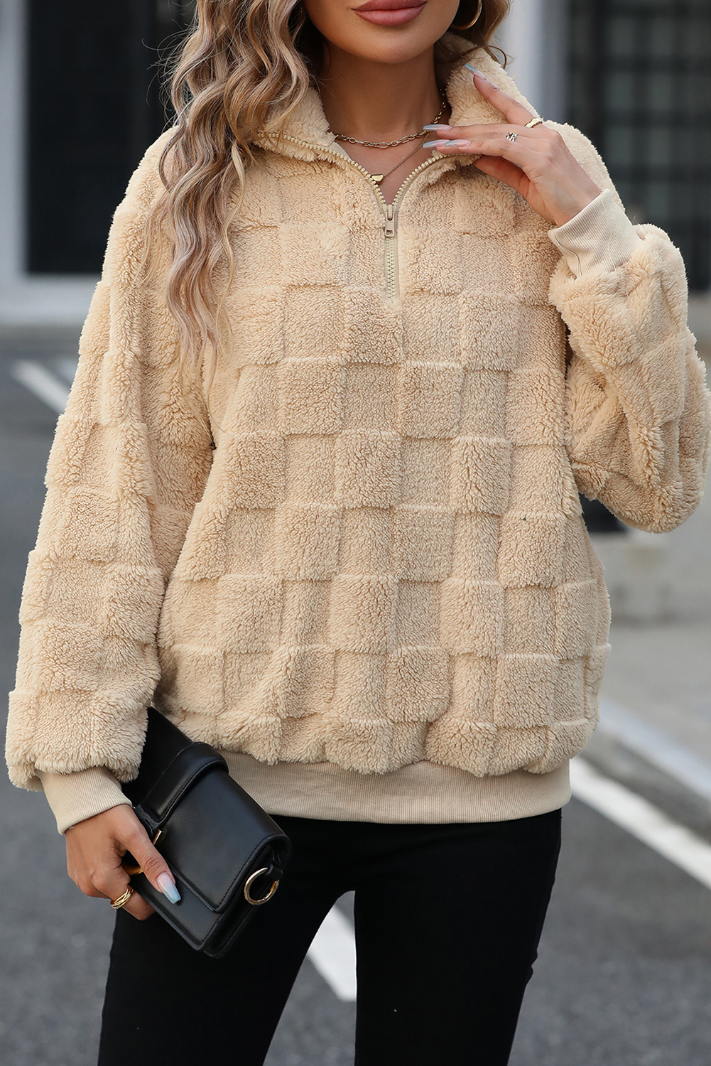 Apricot Checkered Plush Quarter Zipper Pullover Sweatshirt - loveforevers