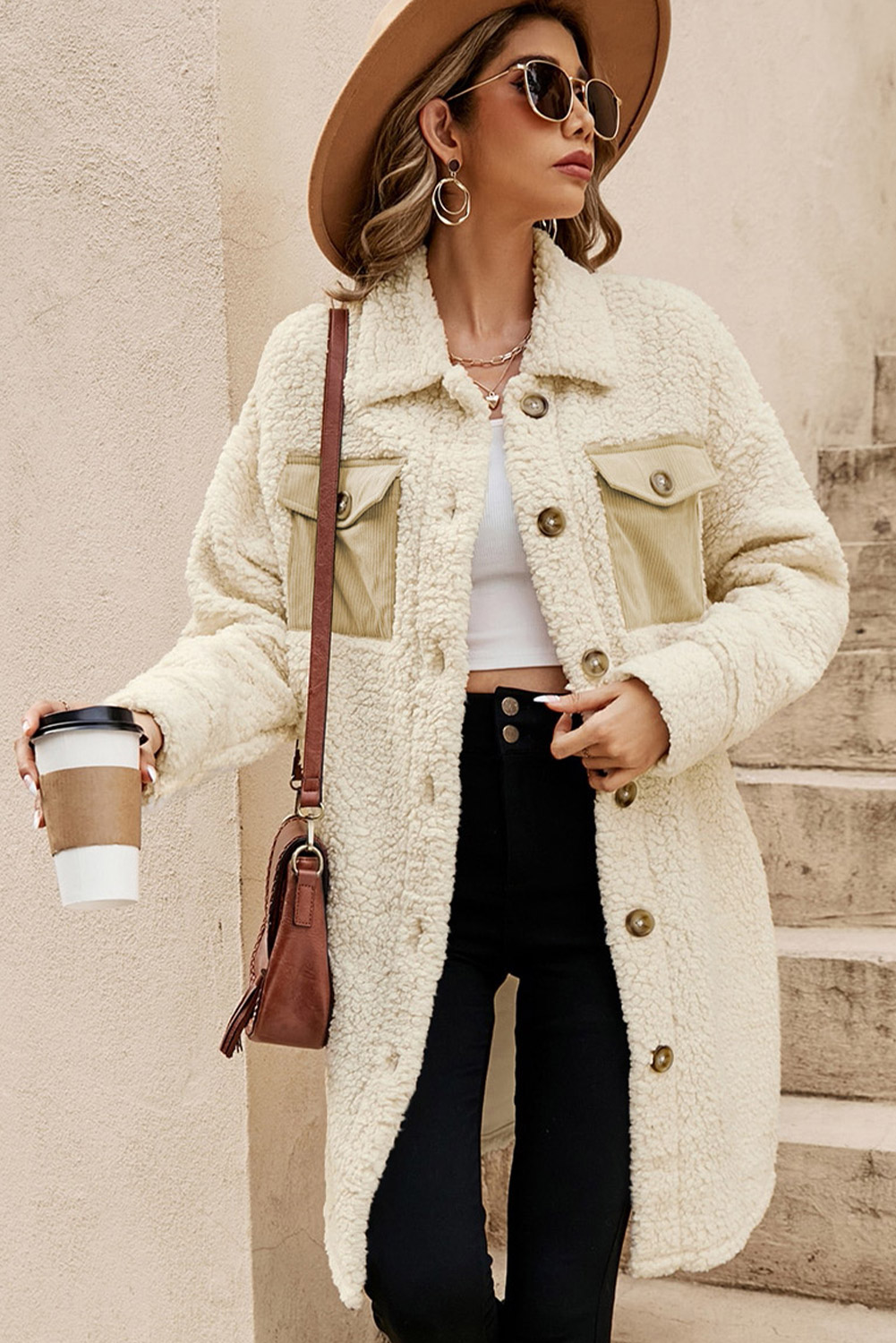 Beige Contrast Flap Pocket Single Breasted Teddy Coat - loveforevers