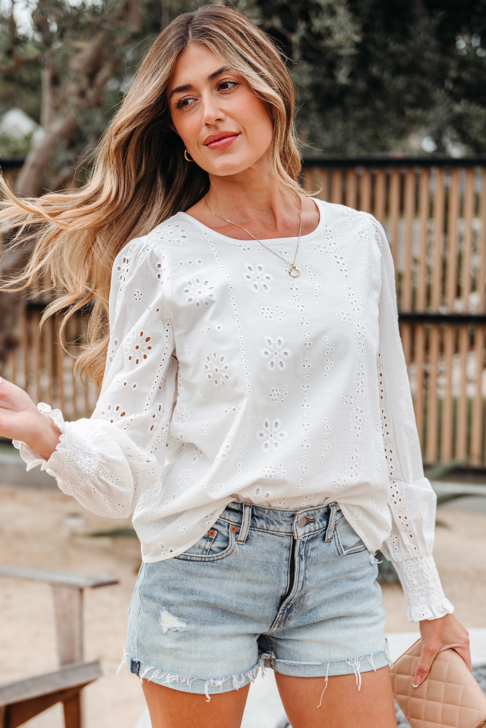 White Eyelet Embroidered Smocked Cuff Sheer Blouse - loveforevers