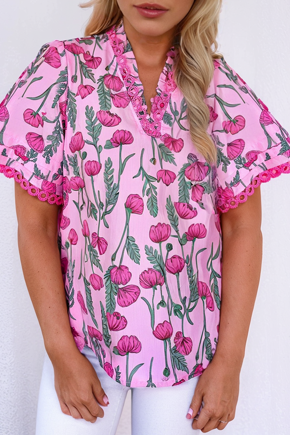 Pink Floral Lace Detail Frilled V Neck Summer Blouse - loveforevers