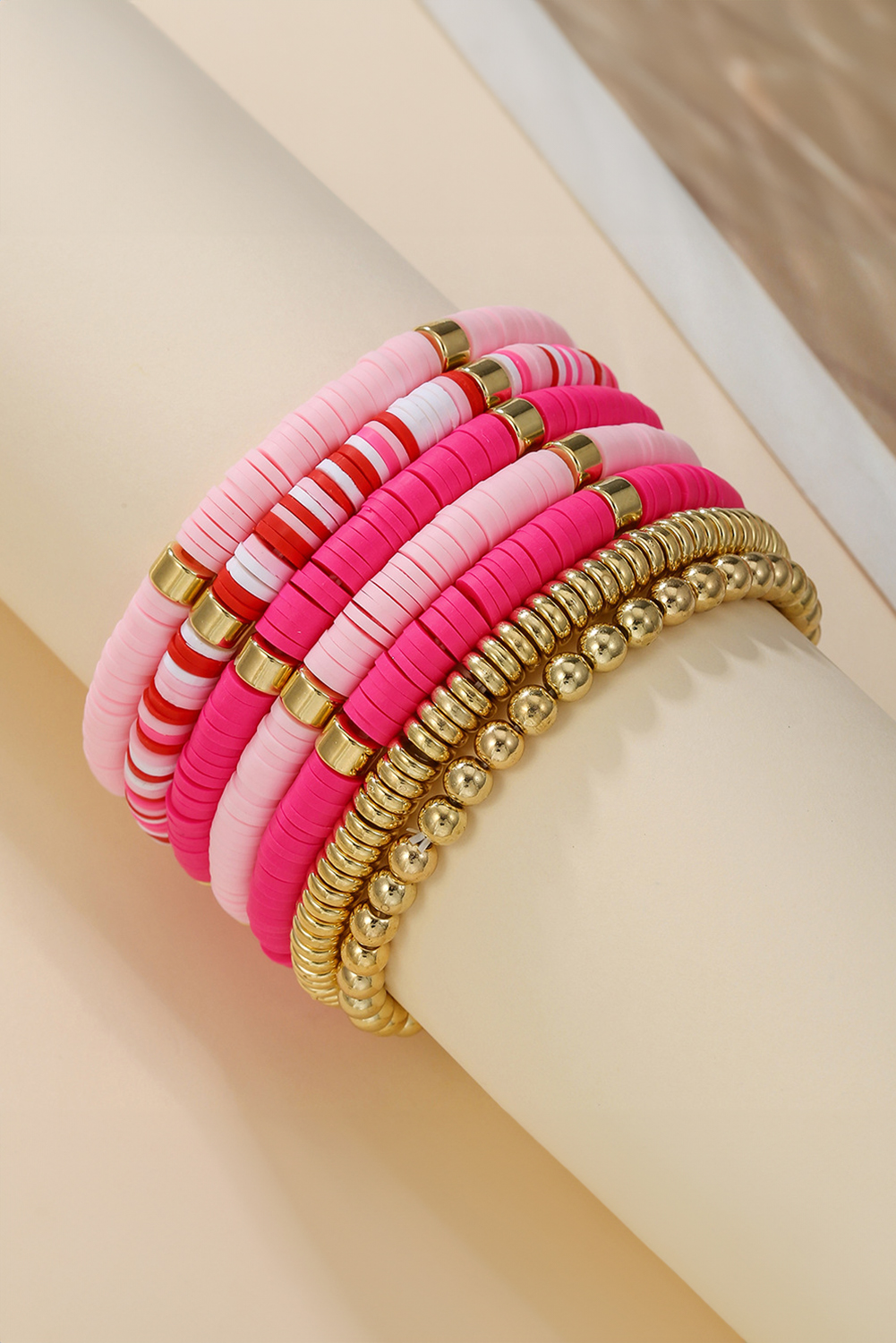 Bright Pink 7pcs Gold Plated Clay Beading Multi Layered Bracelet Set - loveforevers