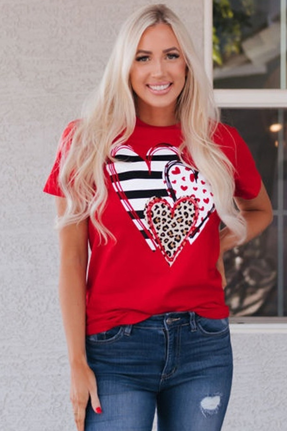 Red Leopard Striped Heart Shaped Print Crew Neck T Shirt - loveforevers