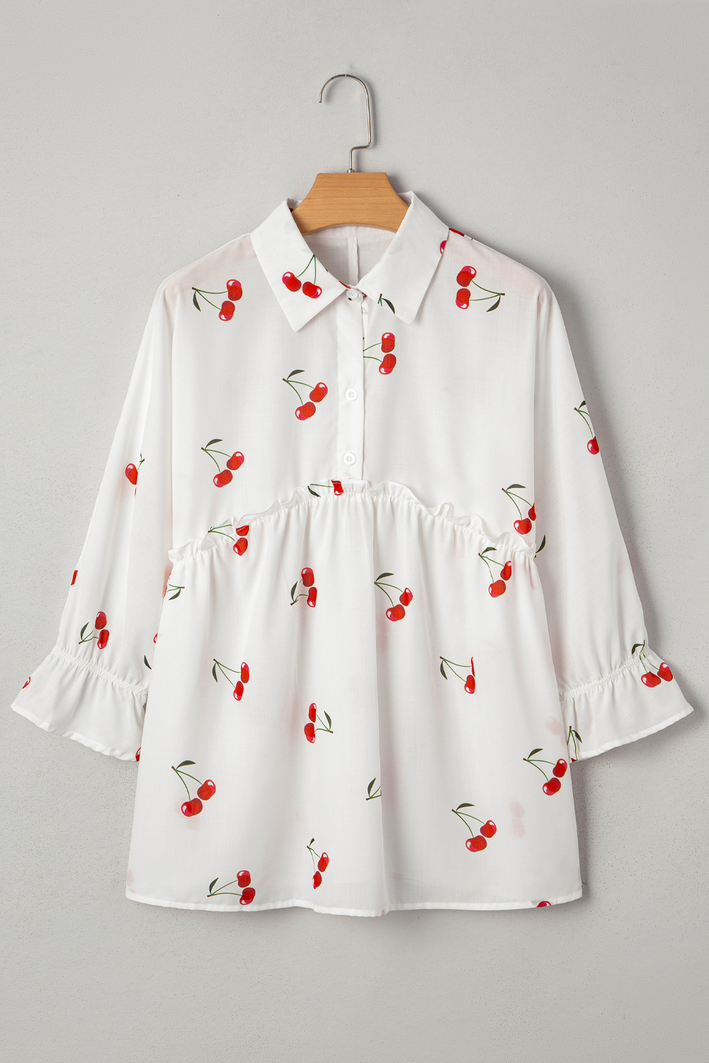 White Cherry Print Flounce Sleeve Collared Frilled Babydoll Blouse - loveforevers