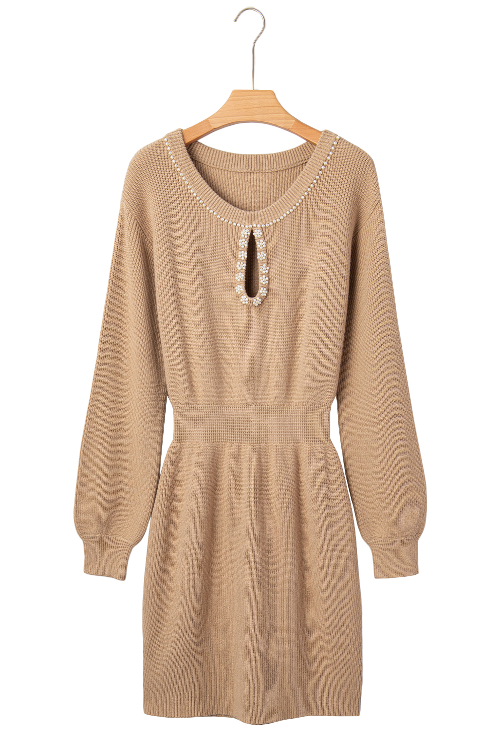 Smoke Gray Pearl Embellished Keyhole Ribbed Sweater Dress - loveforevers