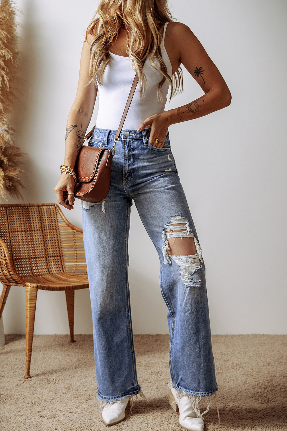 Ashleigh Blue Distressed Raw Hem Straight Leg High Waist Jeans - loveforevers
