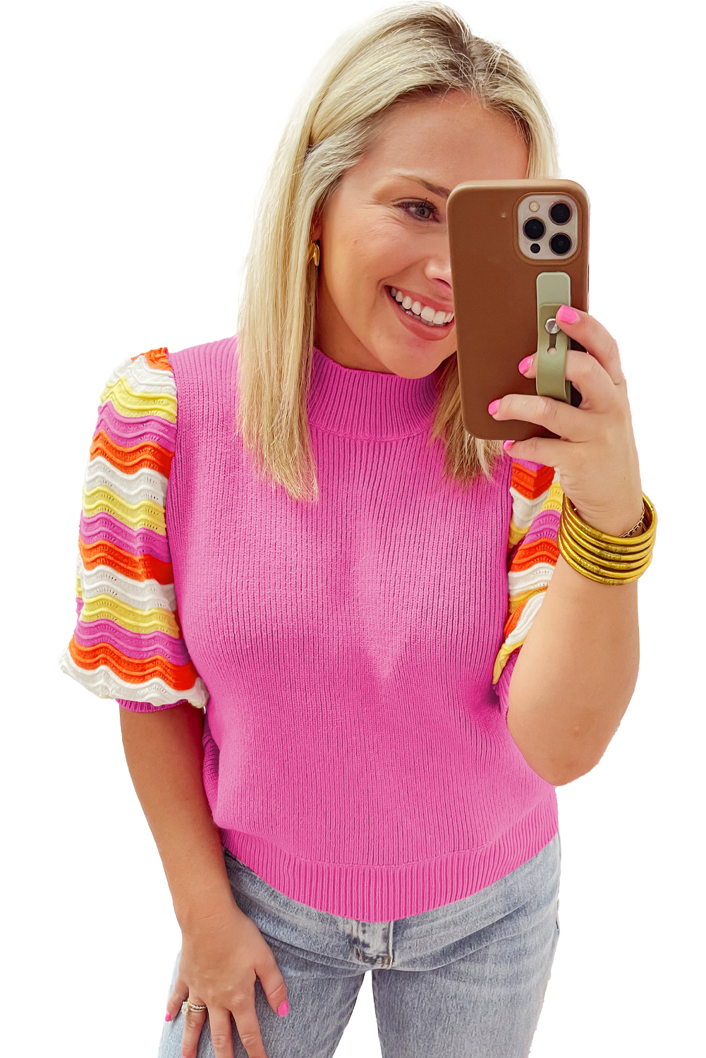 Pink Ribbed Knit Contrast Sleeve Sweater Top - loveforevers