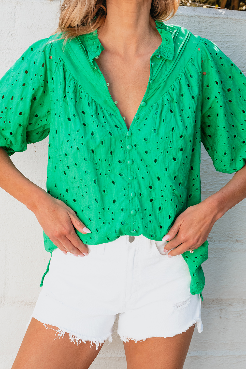 Green Flower Embroidered Hollow-out Puff Sleeve Blouse - loveforevers