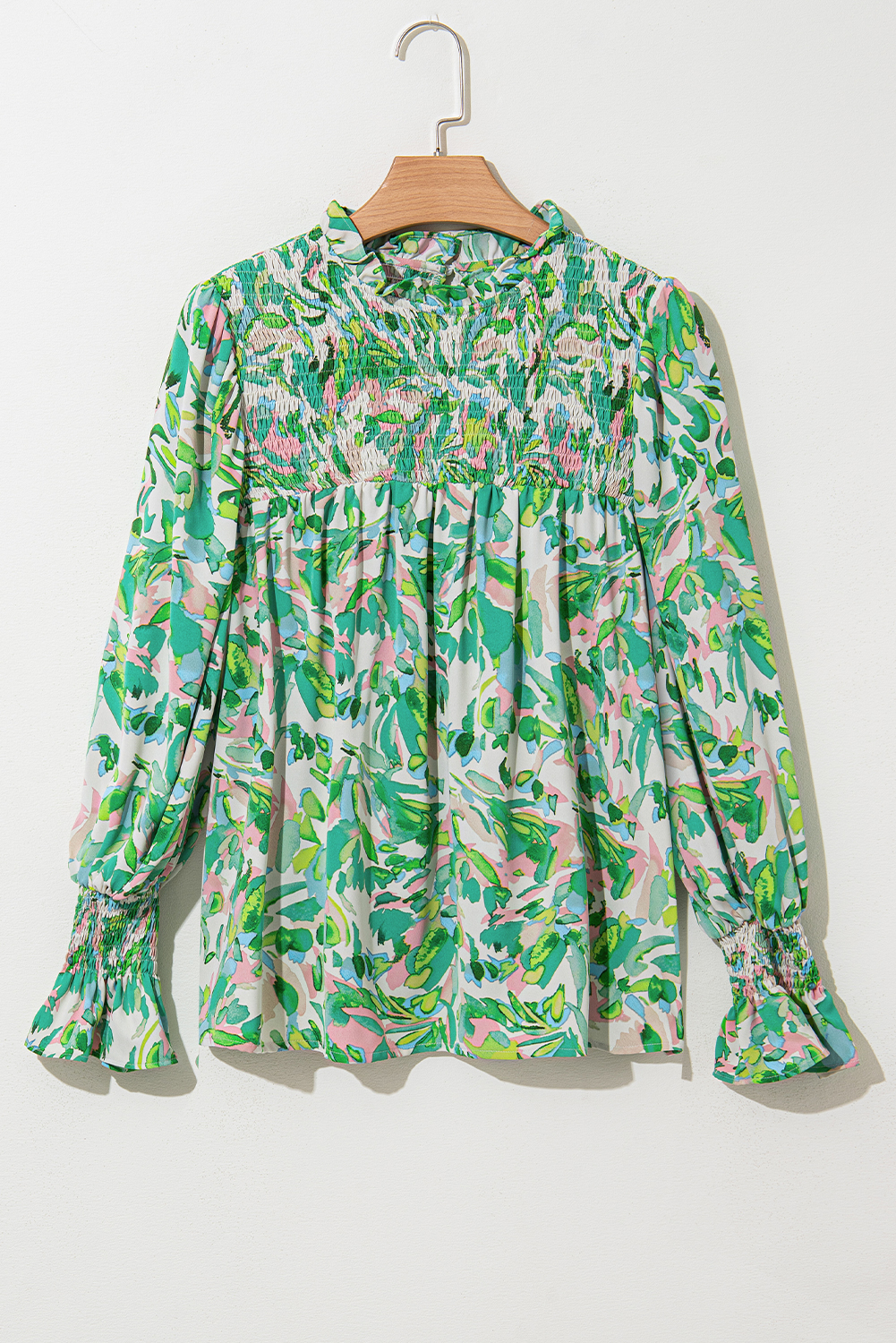 Green Leafy Printed Flounce Sleeve Shirred Mock Neck Blouse - loveforevers