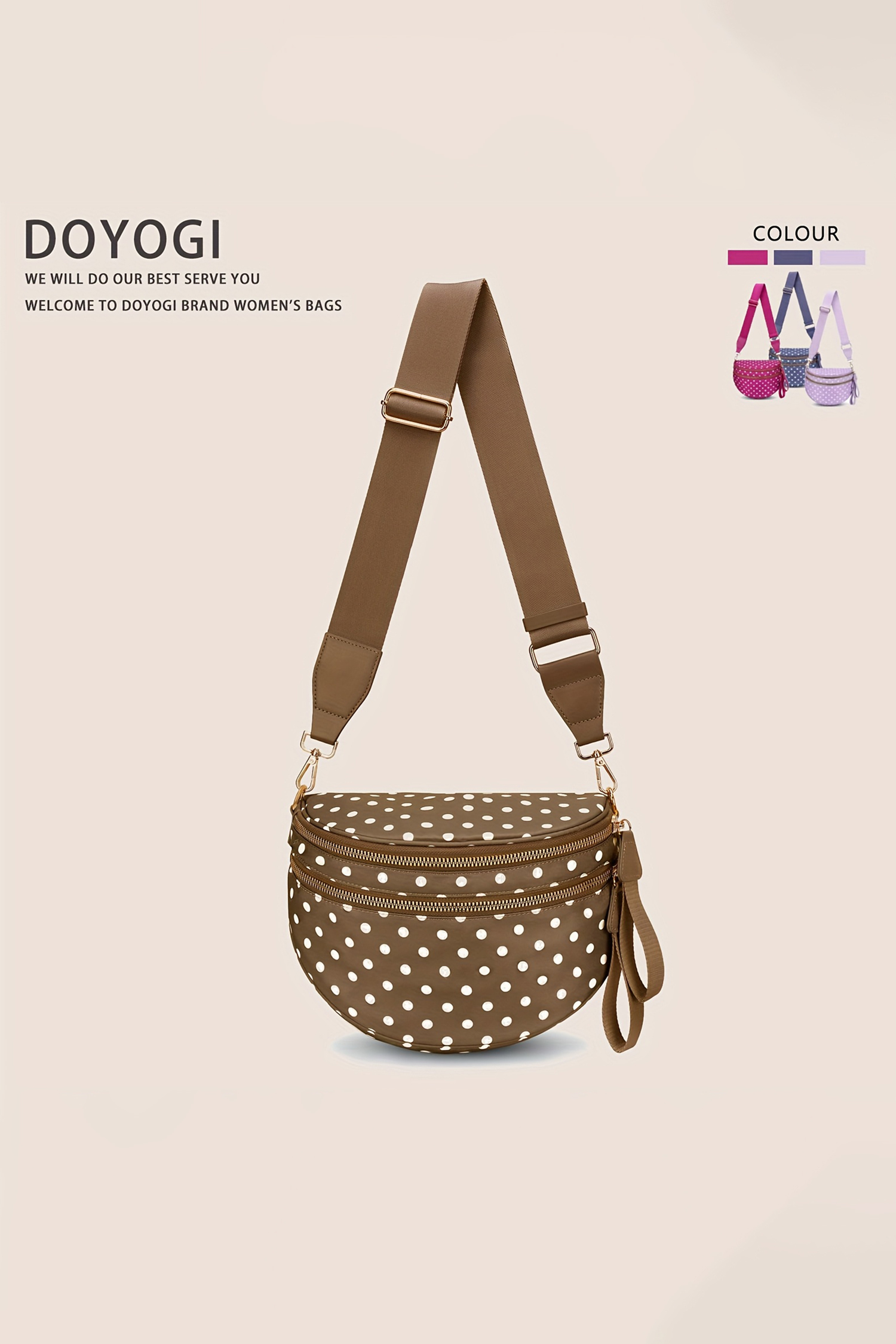 Camel Polka Dot Print Gold Chain Strap Double Zipper Crossbody Bag - loveforevers