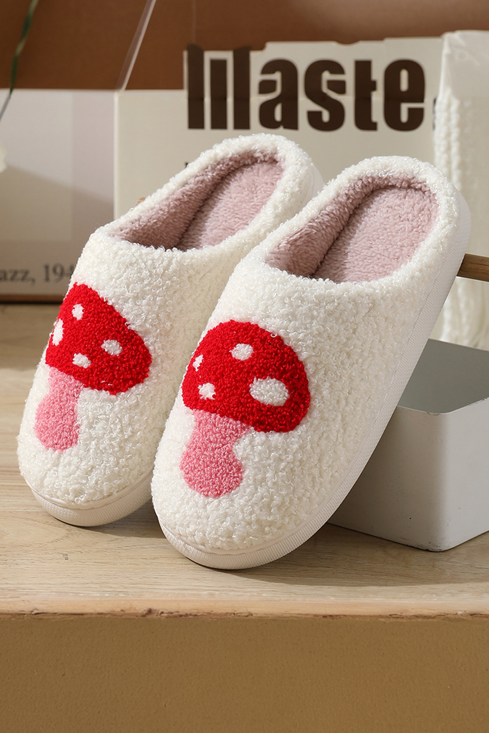 White Cute Cartoon Mushroom Graphic Fuzzy Winter Slippers - loveforevers