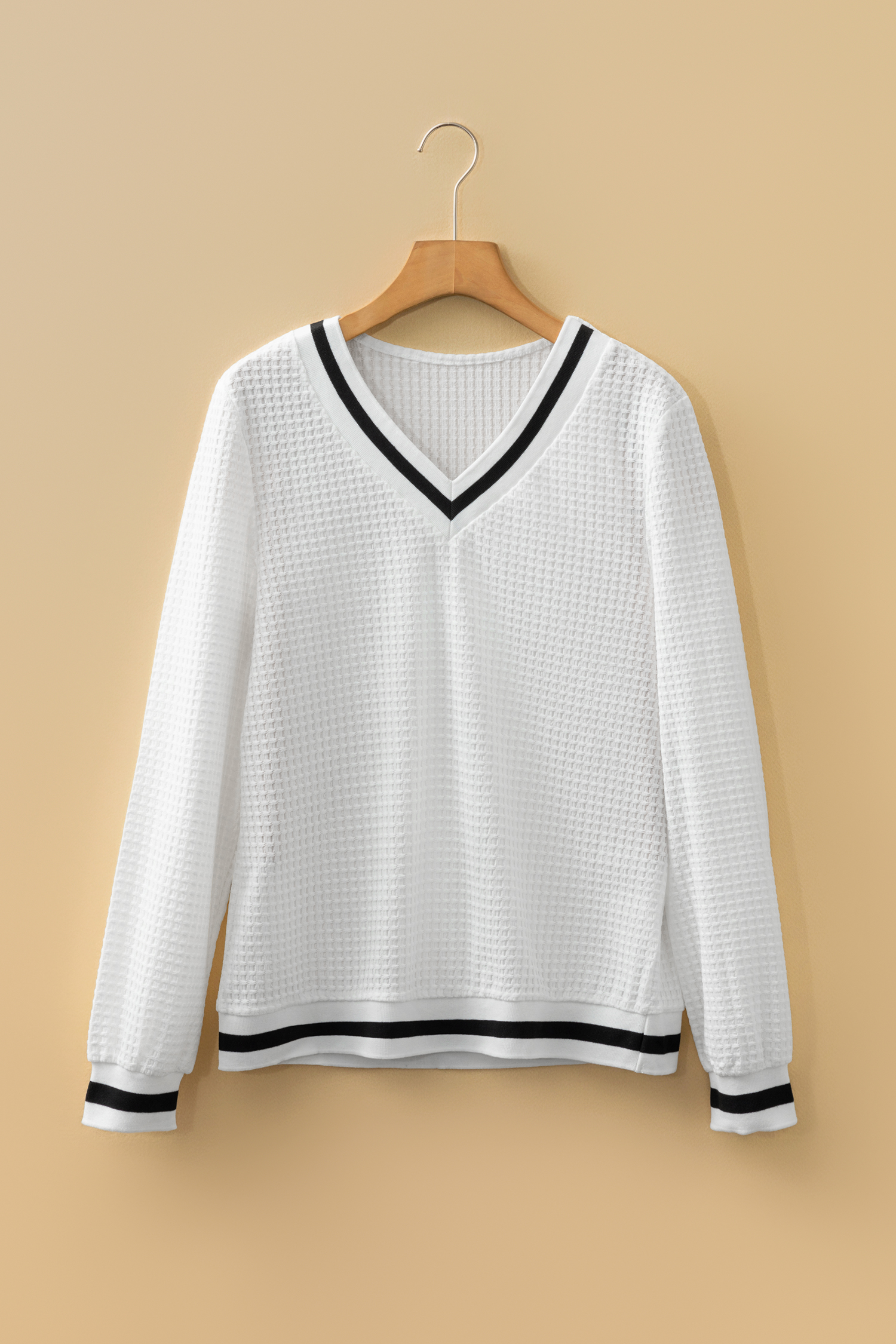 White Textured Knit Preppy Striped Trim V Neck Pullover Waffle Top - loveforevers