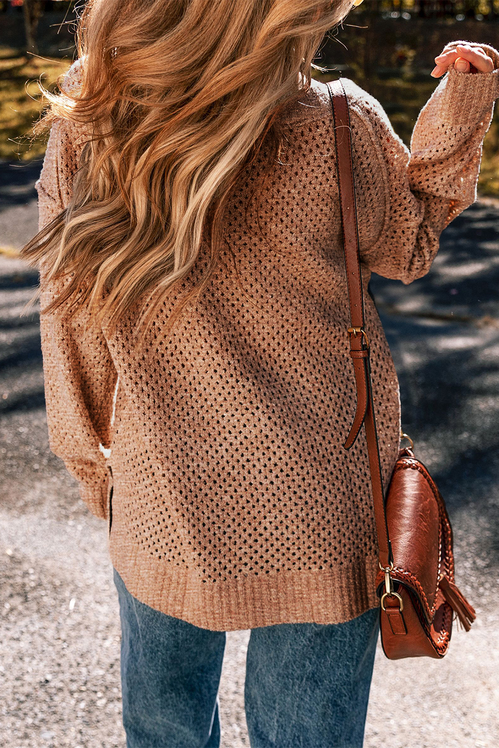 Parchment Loose Eyelet V Neck Drop Shoulder Sweater - loveforevers