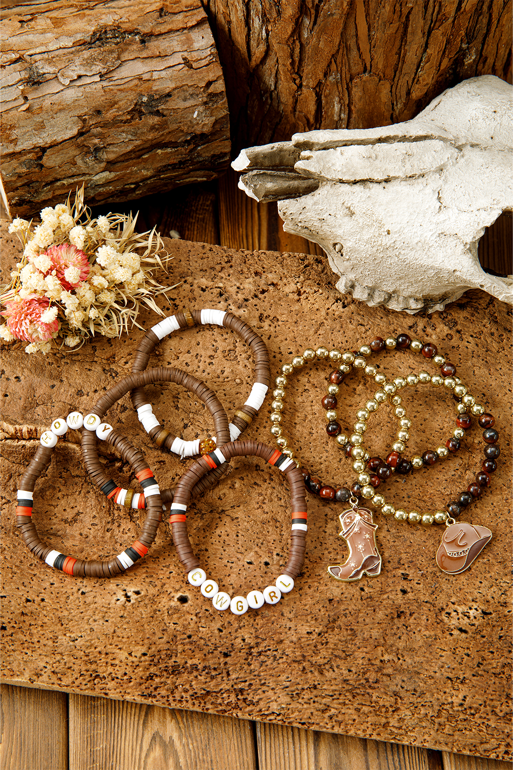 Coffee HOWDY COWGIRL Western Beaded 7pcs Stretch Bracelet Set - loveforevers