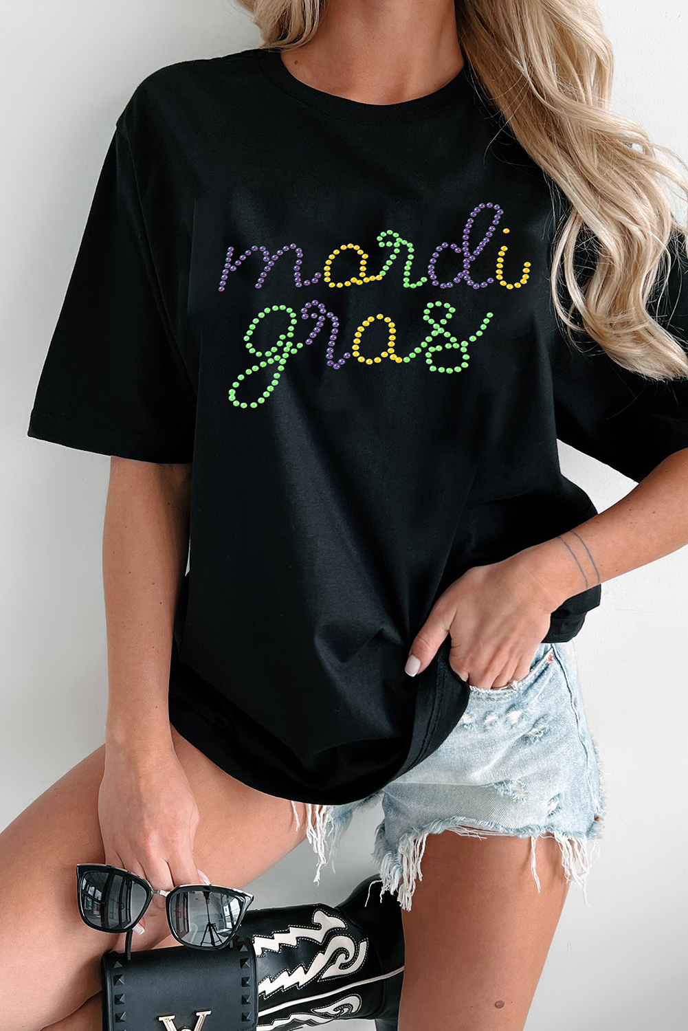Black Rhinestone Mardi Gras Letter Graphic T Shirt - loveforevers