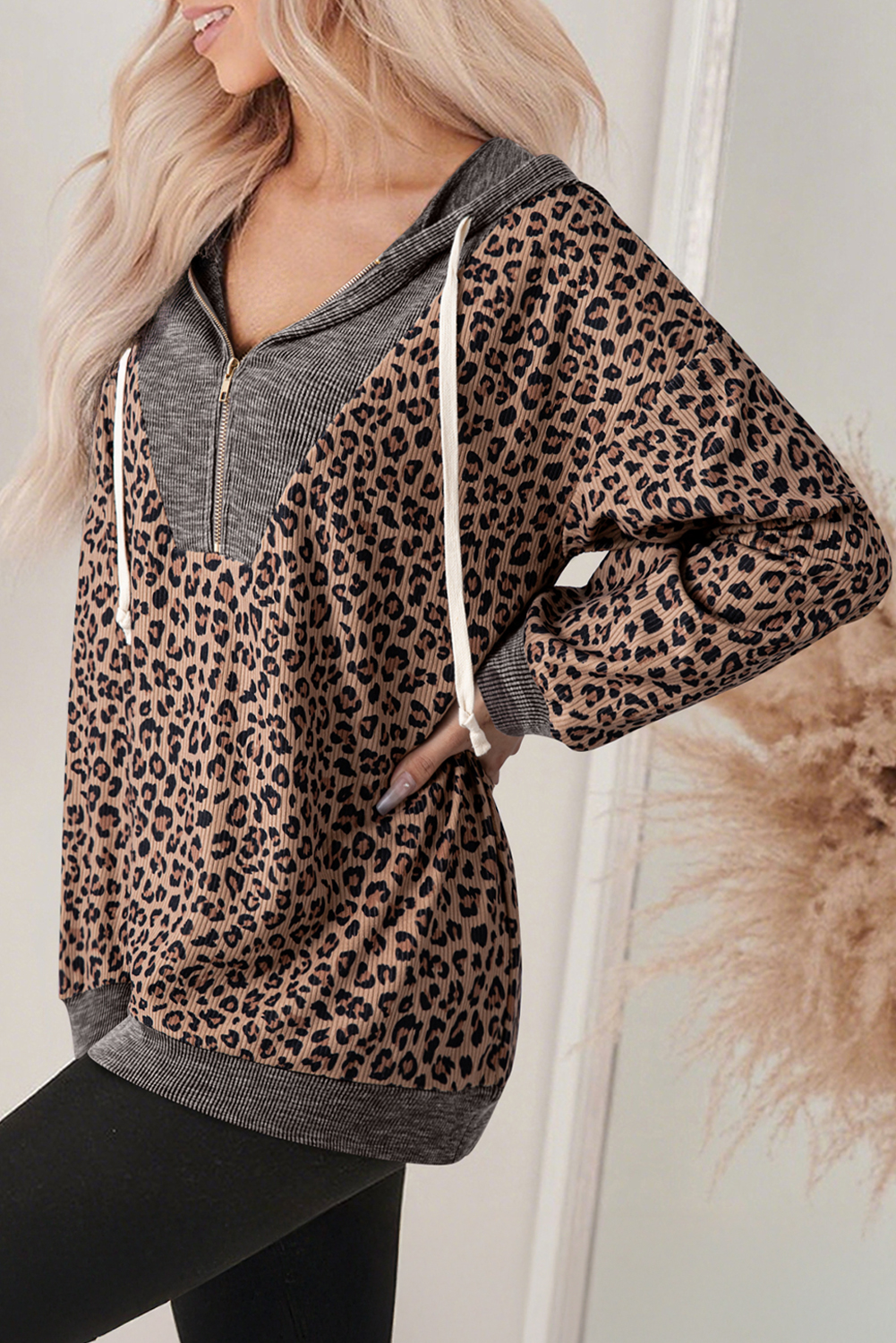 Khaki Ribbed Leopard Print Contrast Collar Zip Hooded Pullover Sweatshirt - loveforevers