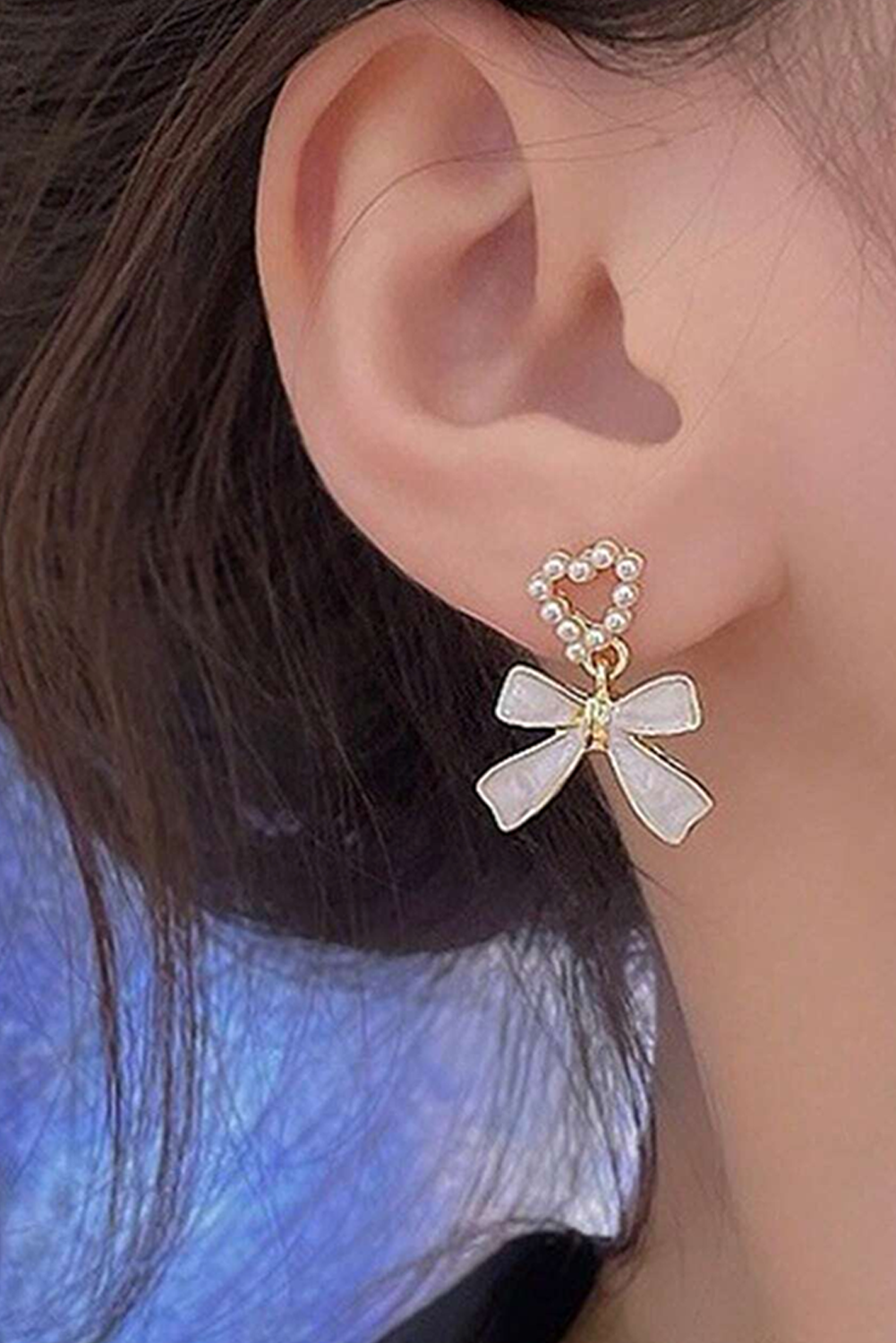 Gold Pearled Heart Shape Bow Knot Dangle Earrings - loveforevers