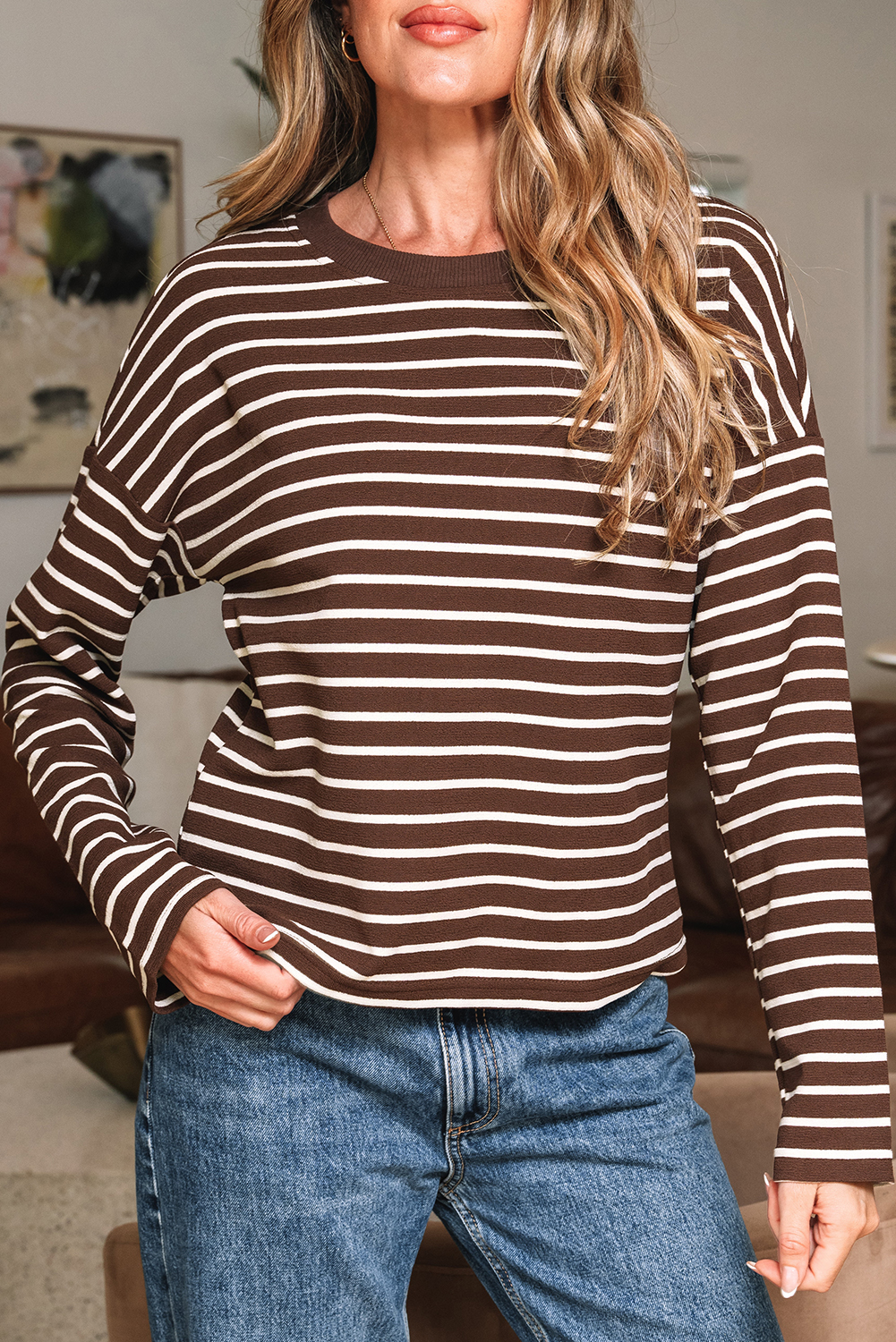Brown Stripe Ribbed Cropped Crew Neck Long Sleeve T Shirt - loveforevers