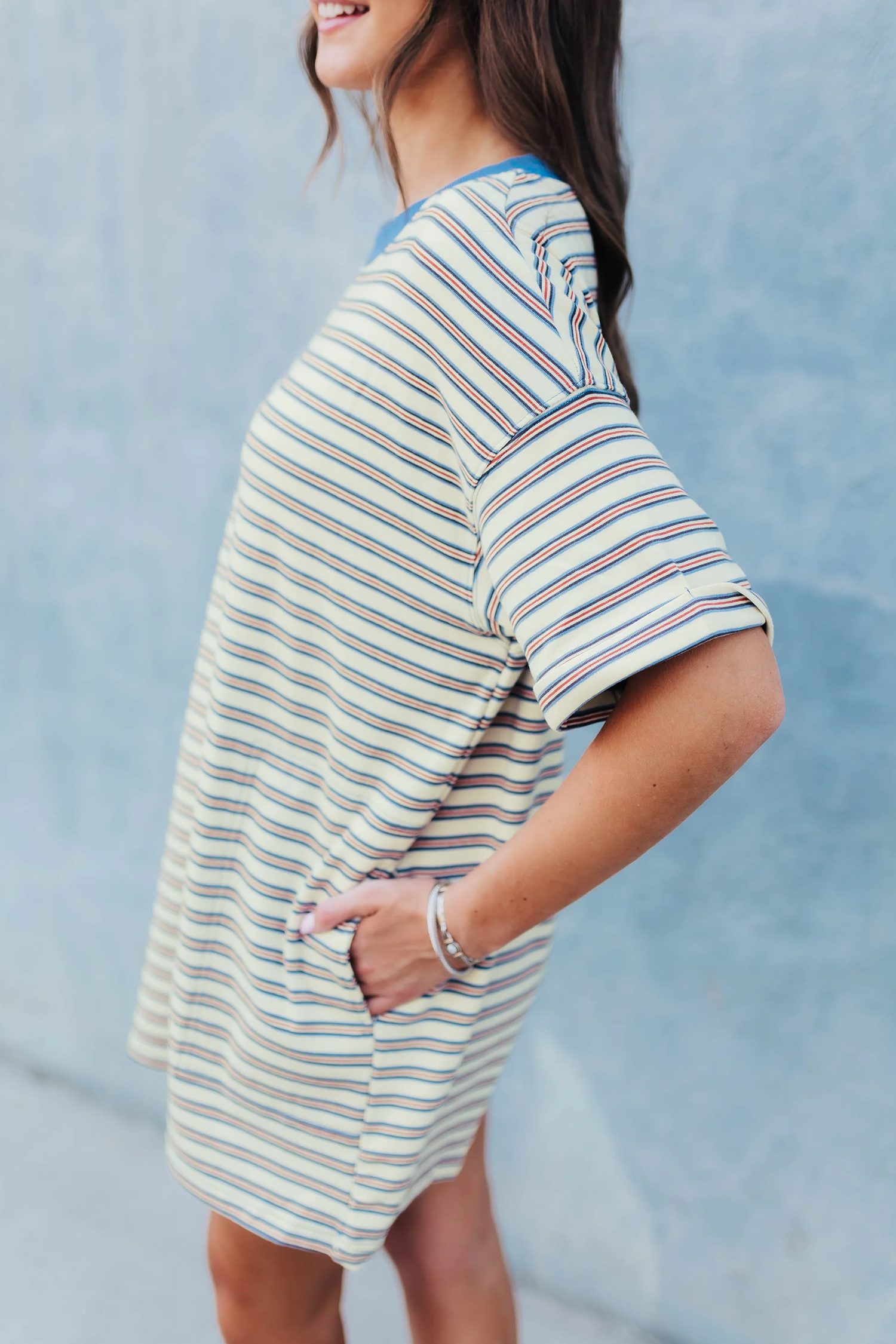White Stripe Drop Shoulder Cuffed Sleeve Loose Tunic T Shirt Mini Dress - loveforevers