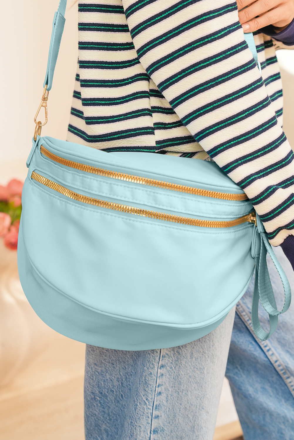 Light Grey Double Zip Crescent Shape Adjustable Sling Bag - loveforevers