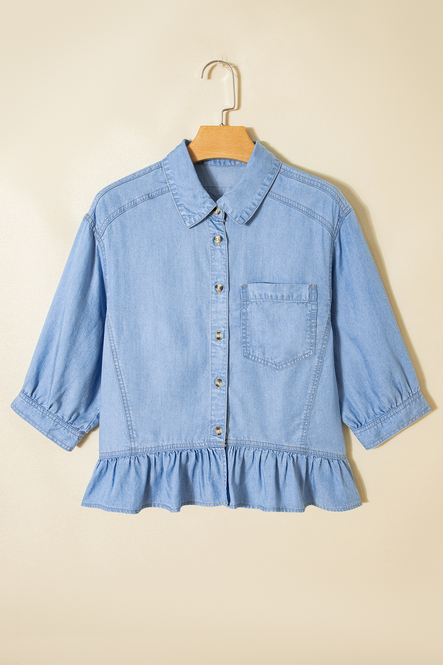 Beau Blue Half Sleeve Button Down Ruffled High Low Chambray Shirt - loveforevers
