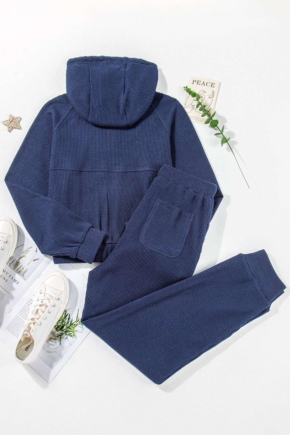 Navy Blue Ribbed Knit Cropped Hoodie and Drawstring Joggers Set - loveforevers
