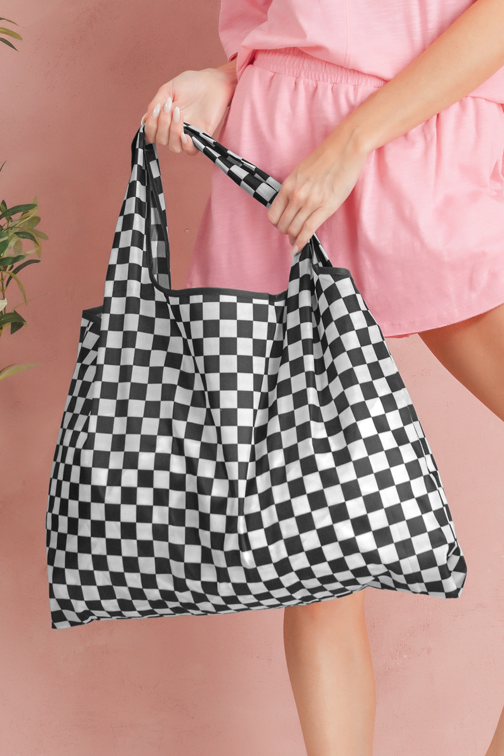 Color black Checkered Print Large Capacity Canvas Shoulder Bag - loveforevers