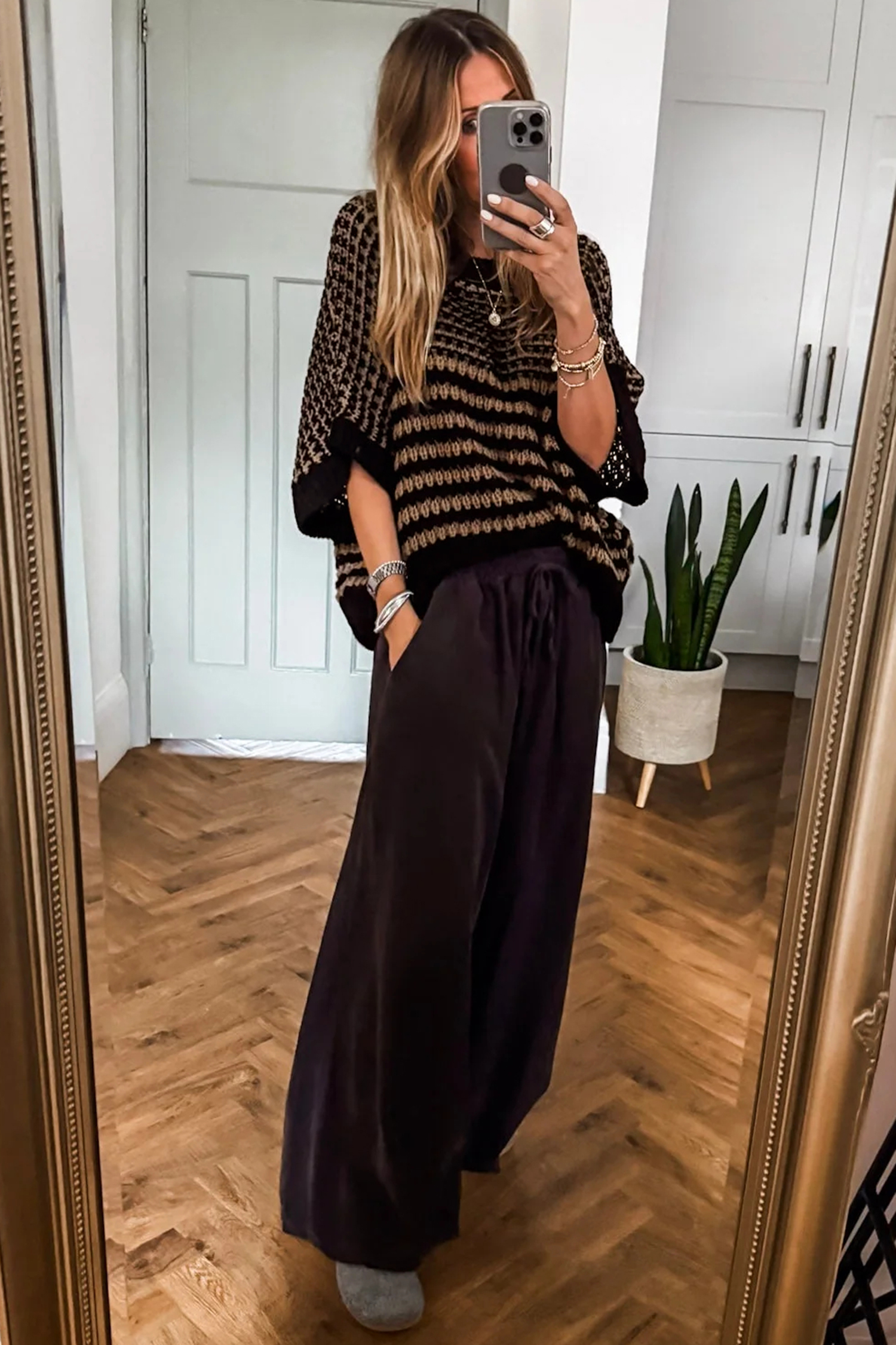 Black Stripe 3/4 Draped Sleeve Slouchy Sweater - loveforevers