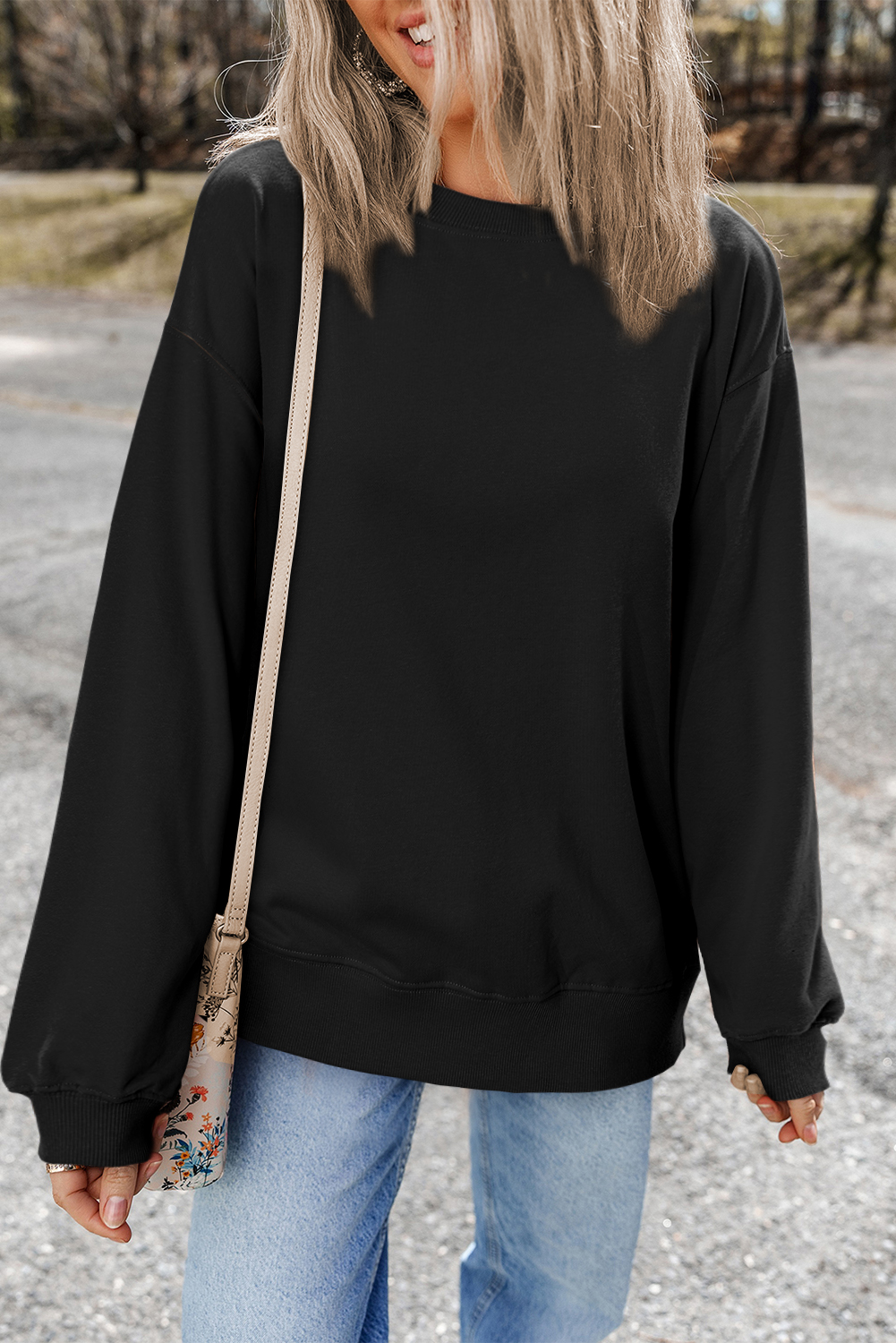 Navy Blue Plain Drop Shoulder Crewneck Pullover Sweatshirt - loveforevers