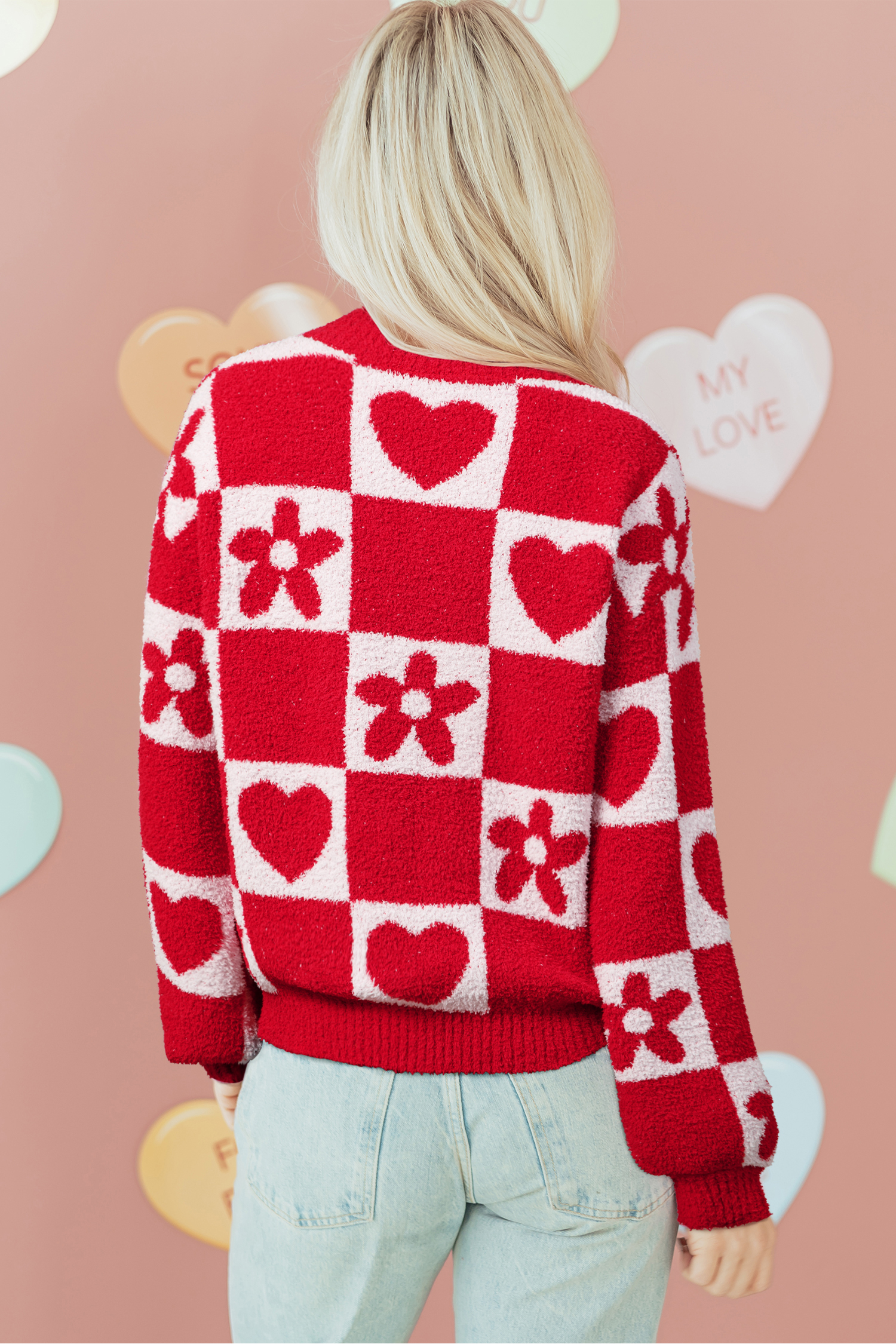 Fiery Red V Neck Flower Heart Detail Checkered Knit Loose Sweater - loveforevers