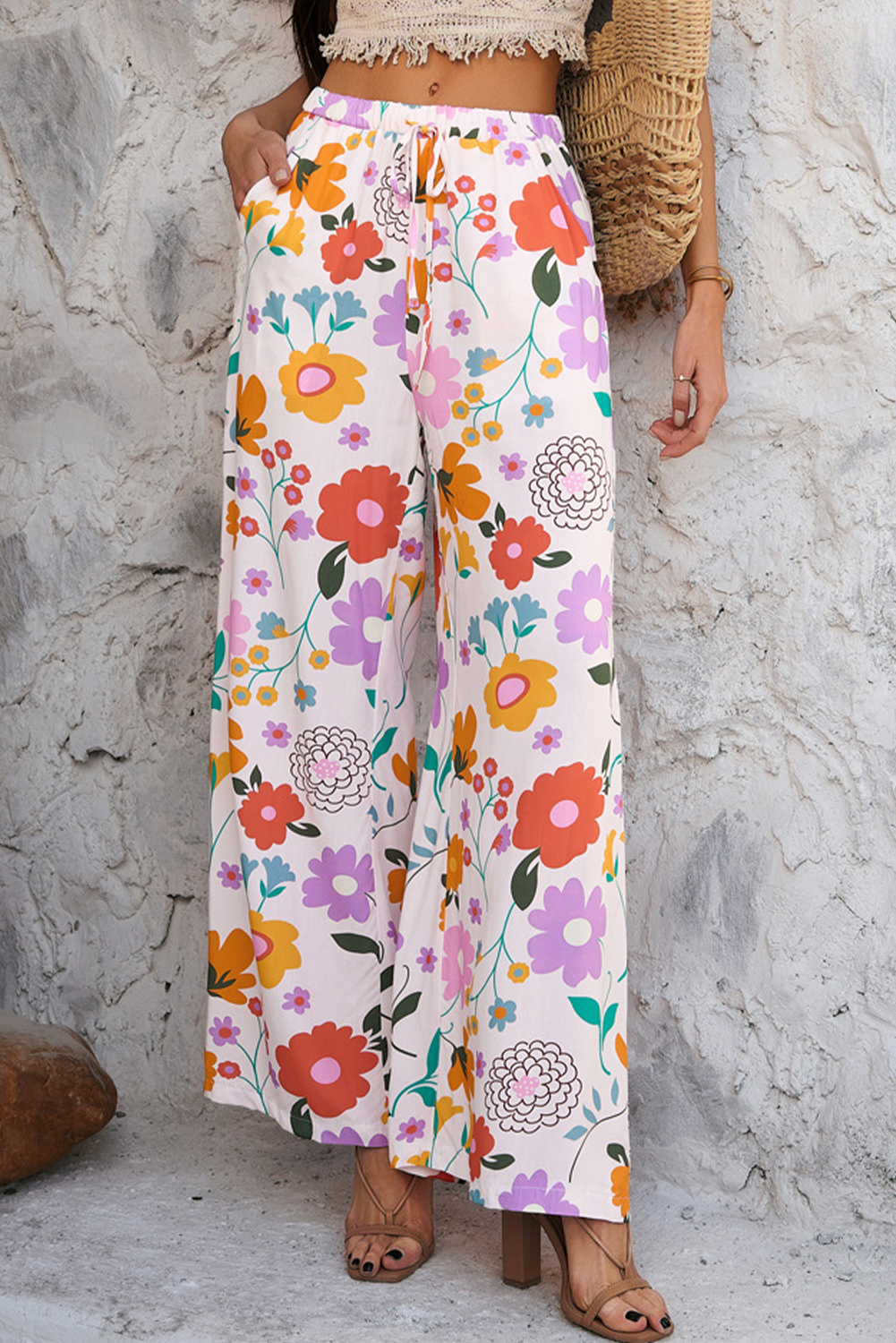 Pink Boho Print Wide Leg High Waist Casual Pants - loveforevers