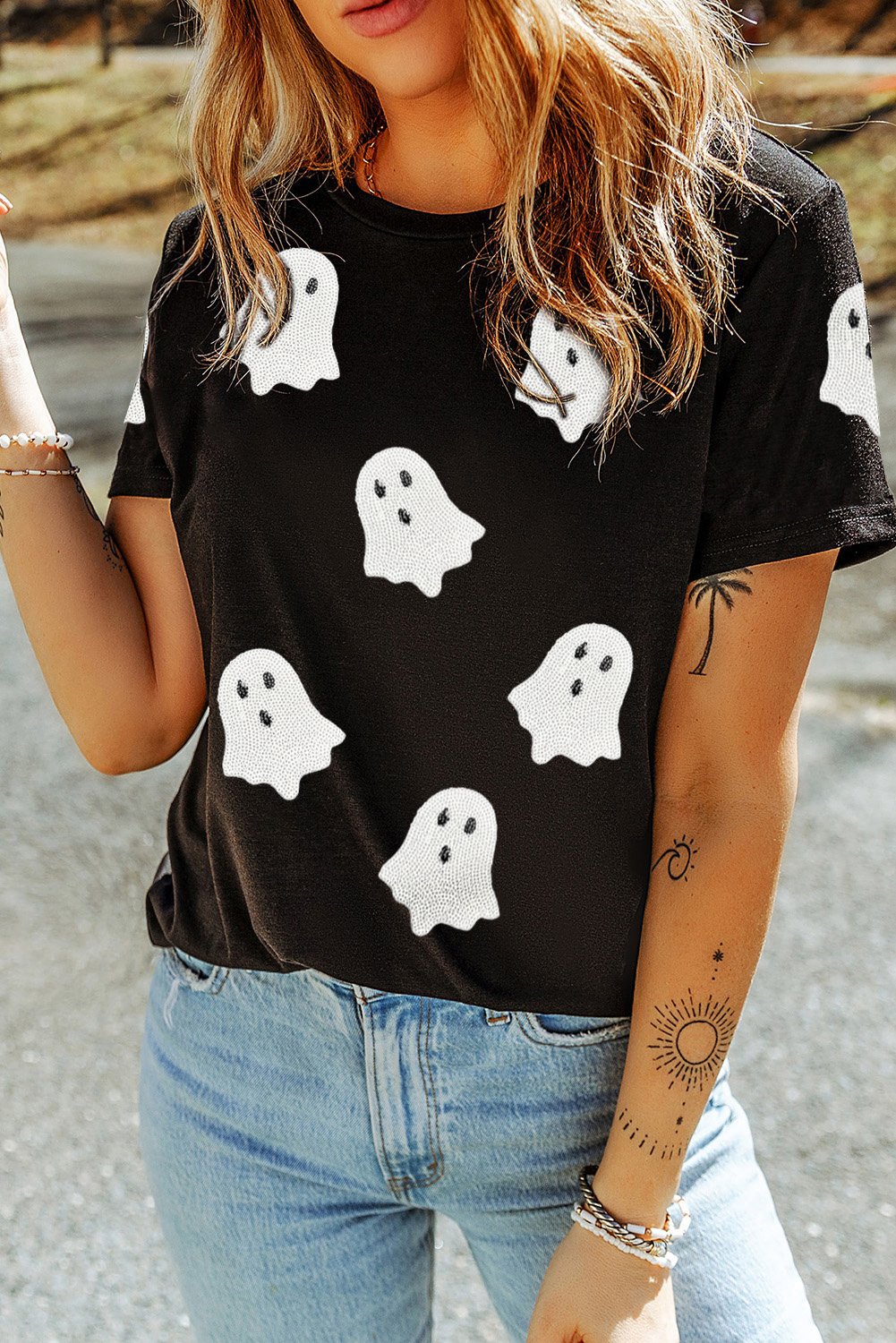 Wisteria Glitter Trim Chenille Ghost Patched Halloween Graphic Tee - loveforevers