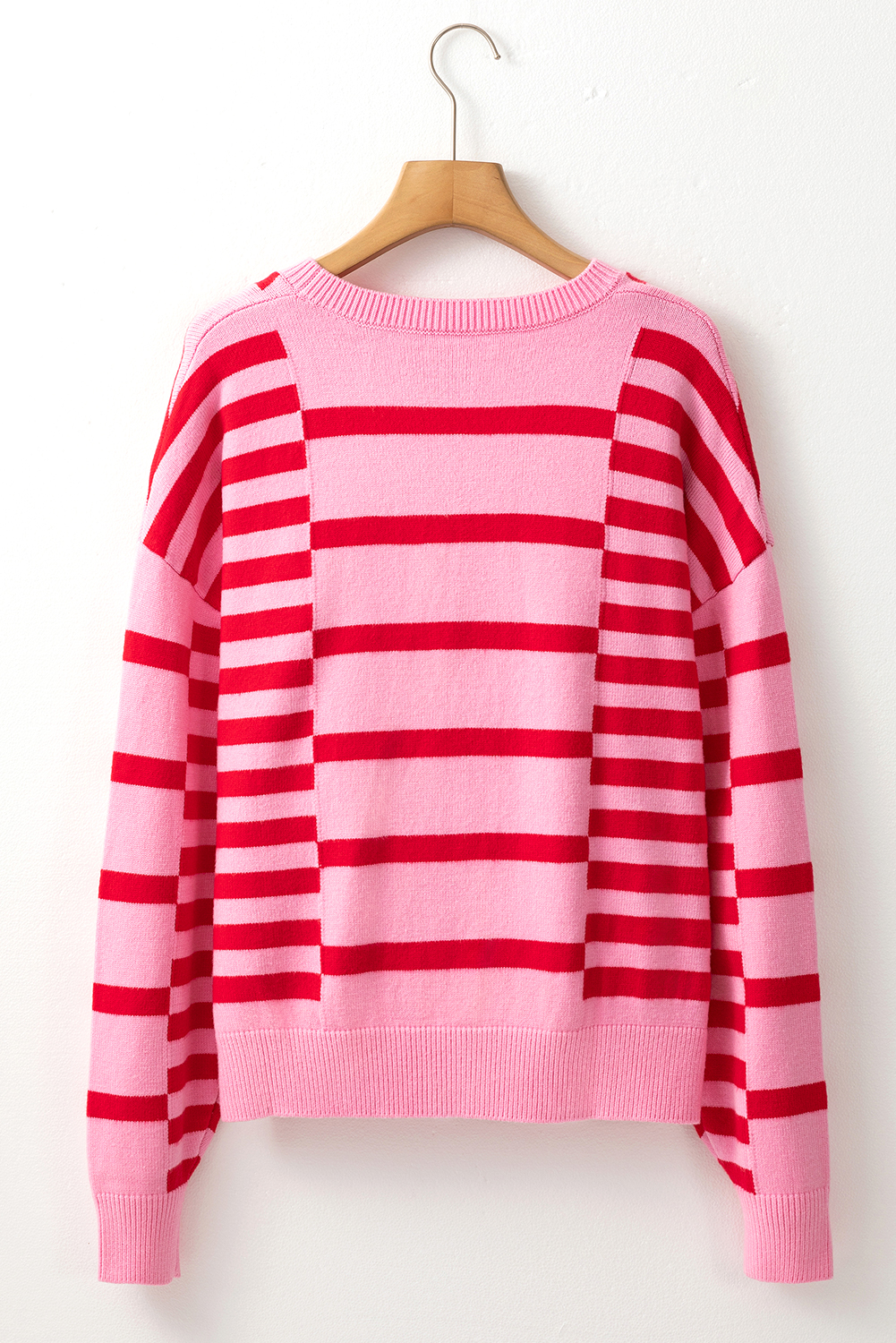 Pink Stripe Bubble Sleeve Drop Shoulder Ribbed Trim Sweater - loveforevers