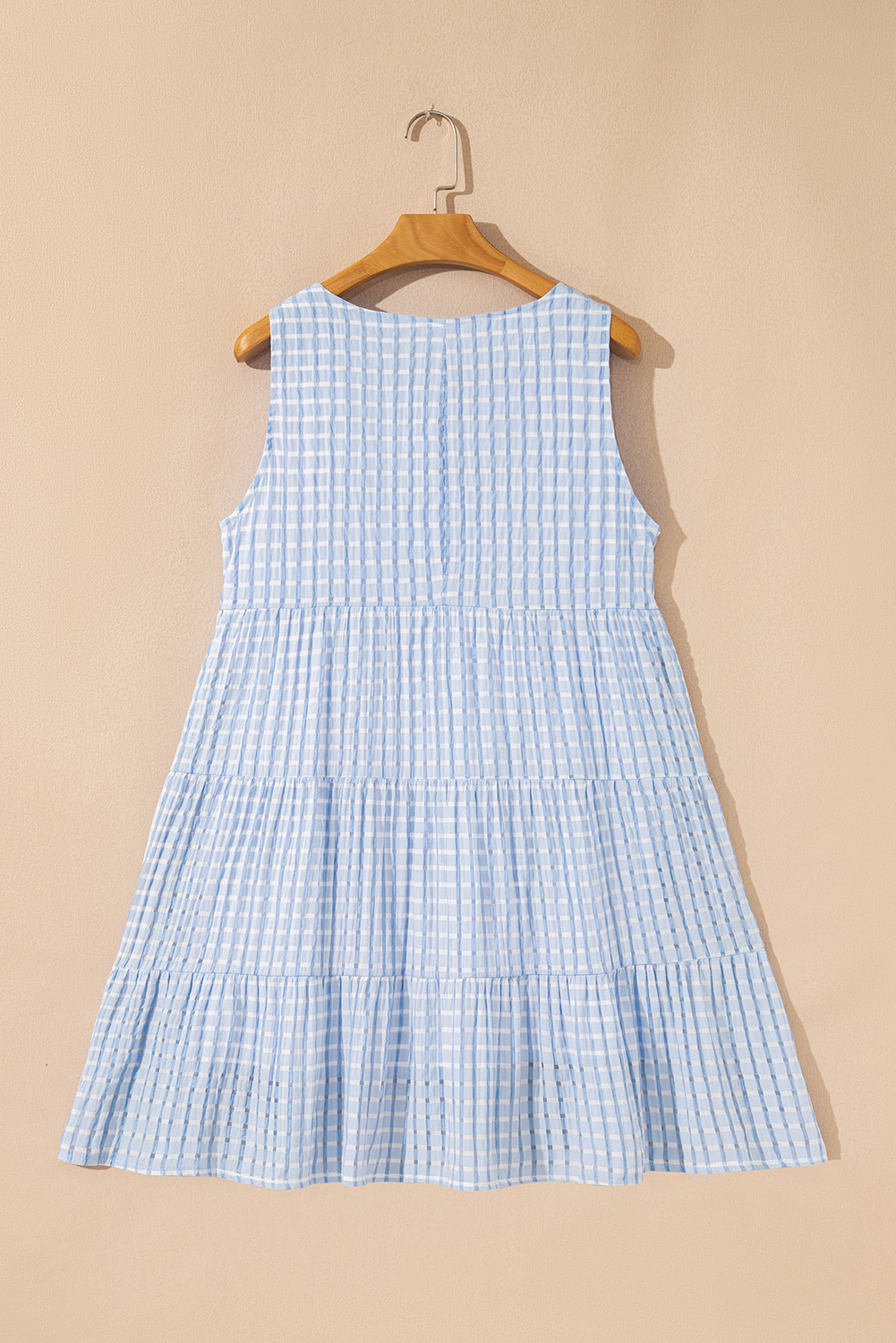 Light Blue Plaid Tiered A-line Sleeveless Mini Sundress - loveforevers