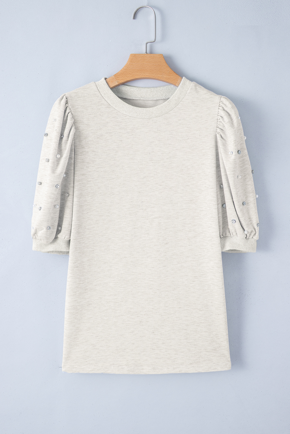 Light Grey Rhinestone Pearl Puff Half Sleeve Top - loveforevers