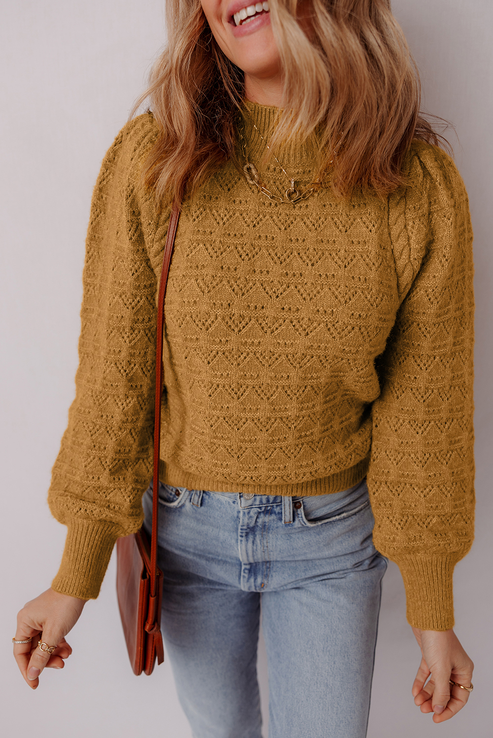 Jurassic Gold Hollow Out Crochet Ribbed Edge Balloon Sleeve Sweater - loveforevers