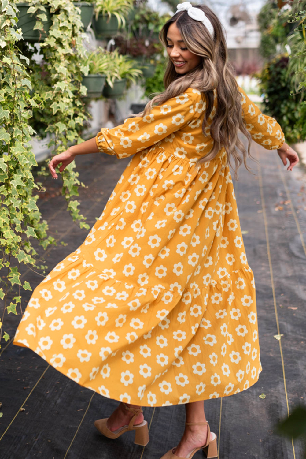 Yellow Flower Print Bracelet Sleeve Buttons Collared Maxi Dress - loveforevers
